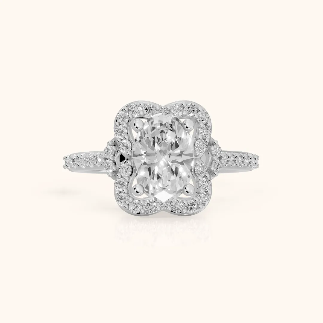 Amy Floral Halo Oval Diamond Engagement Ring in Silver — view 2