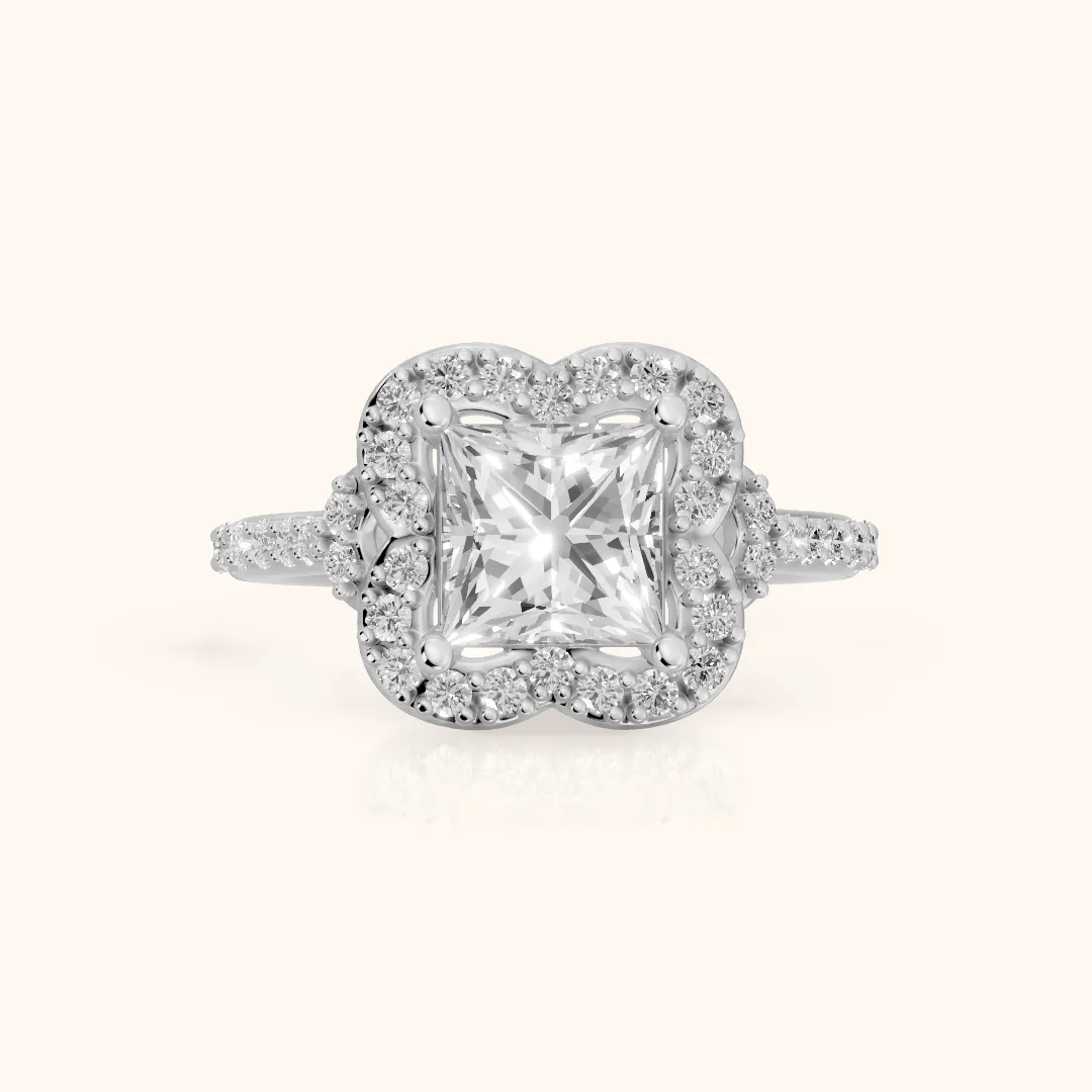 Amy Floral Halo Princess Diamond Engagement Ring in White Gold — view 2