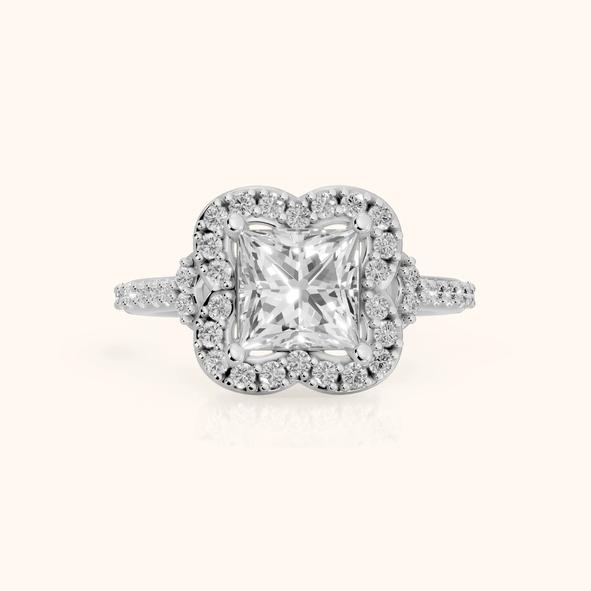 Amy Floral Halo Princess Diamond Engagement Ring in White Gold — view 1