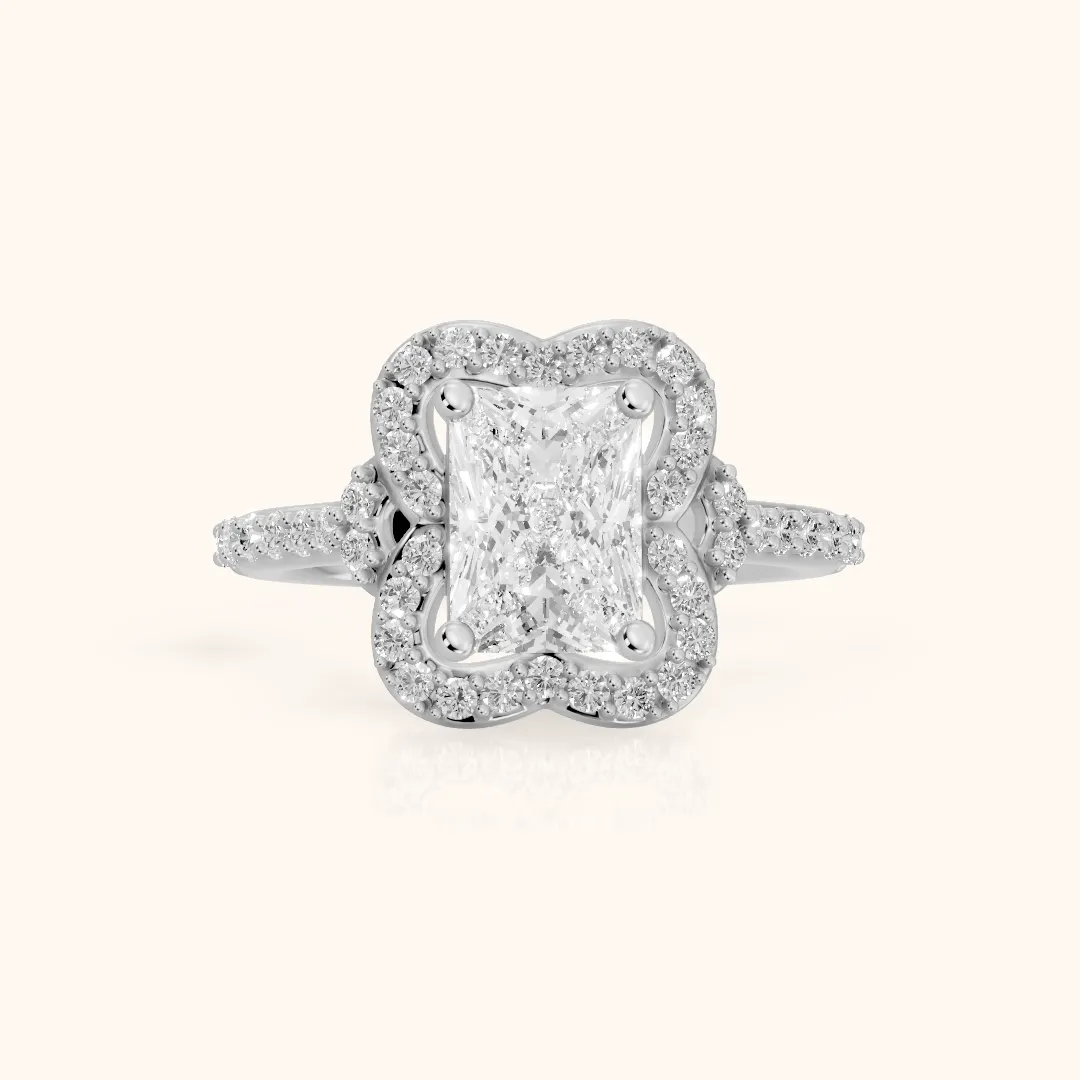 Amy Floral Halo Radiant Diamond Engagement Ring in White Gold — view 2