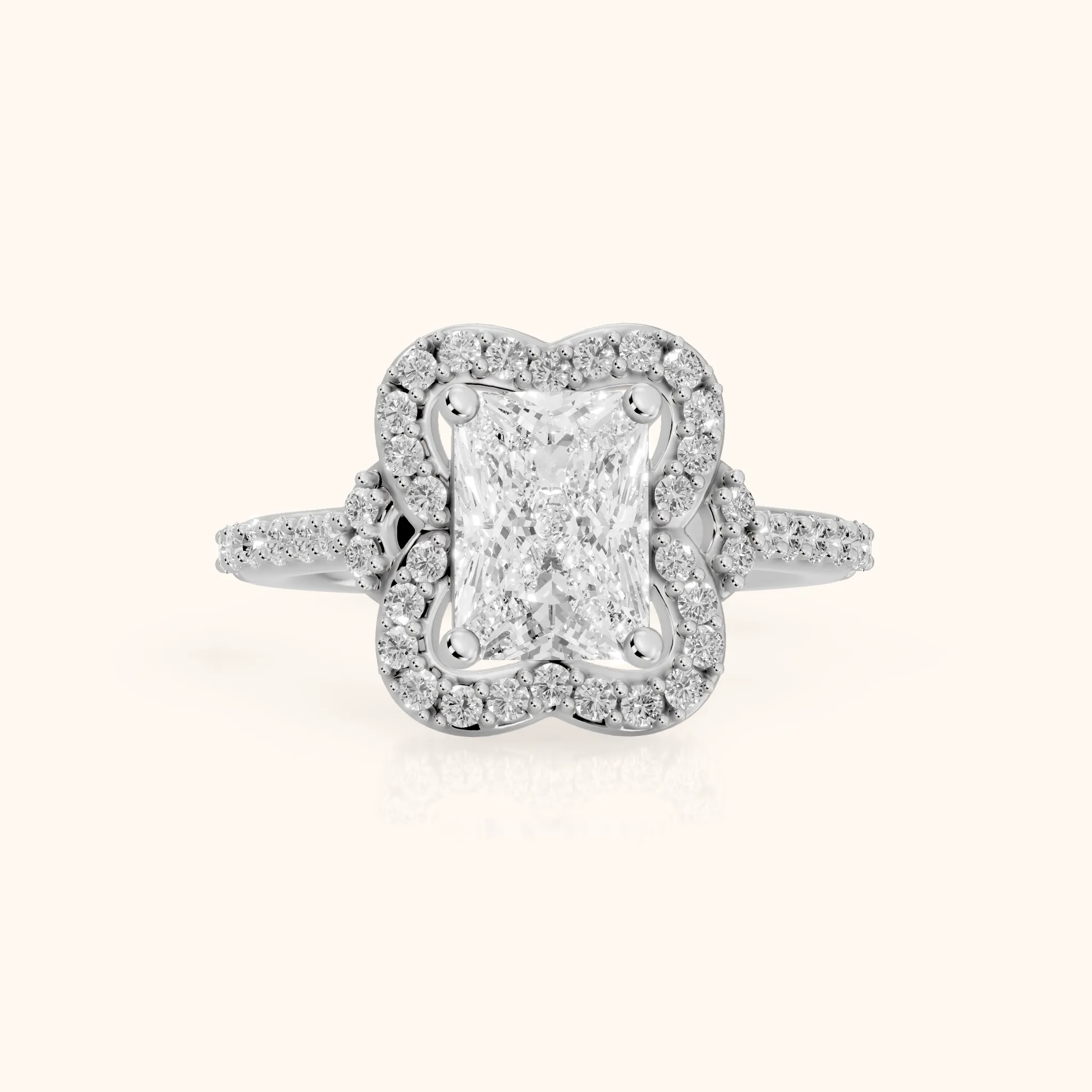 Amy Floral Halo Radiant Diamond Engagement Ring in White Gold — view 1
