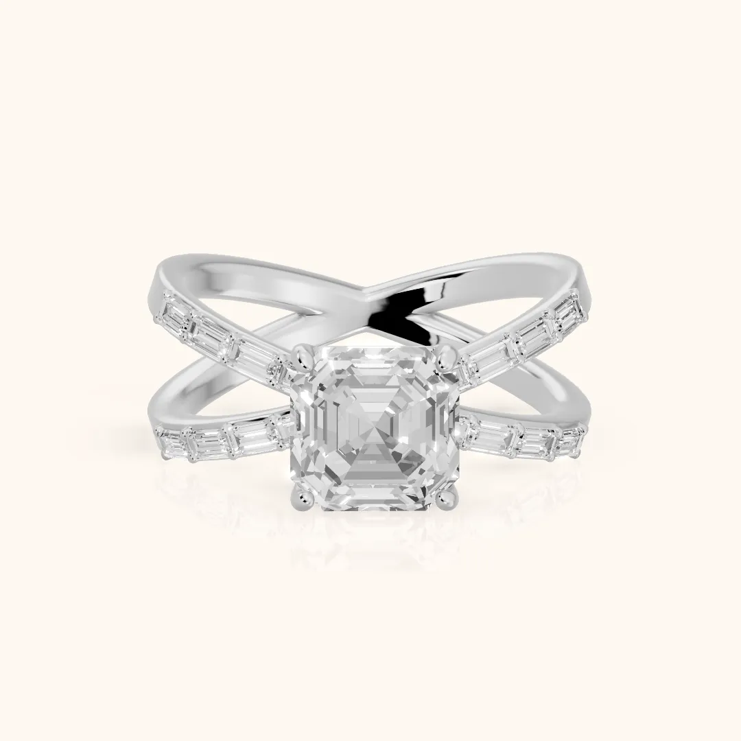 Annie Crossover Baguette Asscher Diamond Engagement Ring in Silver — view 2