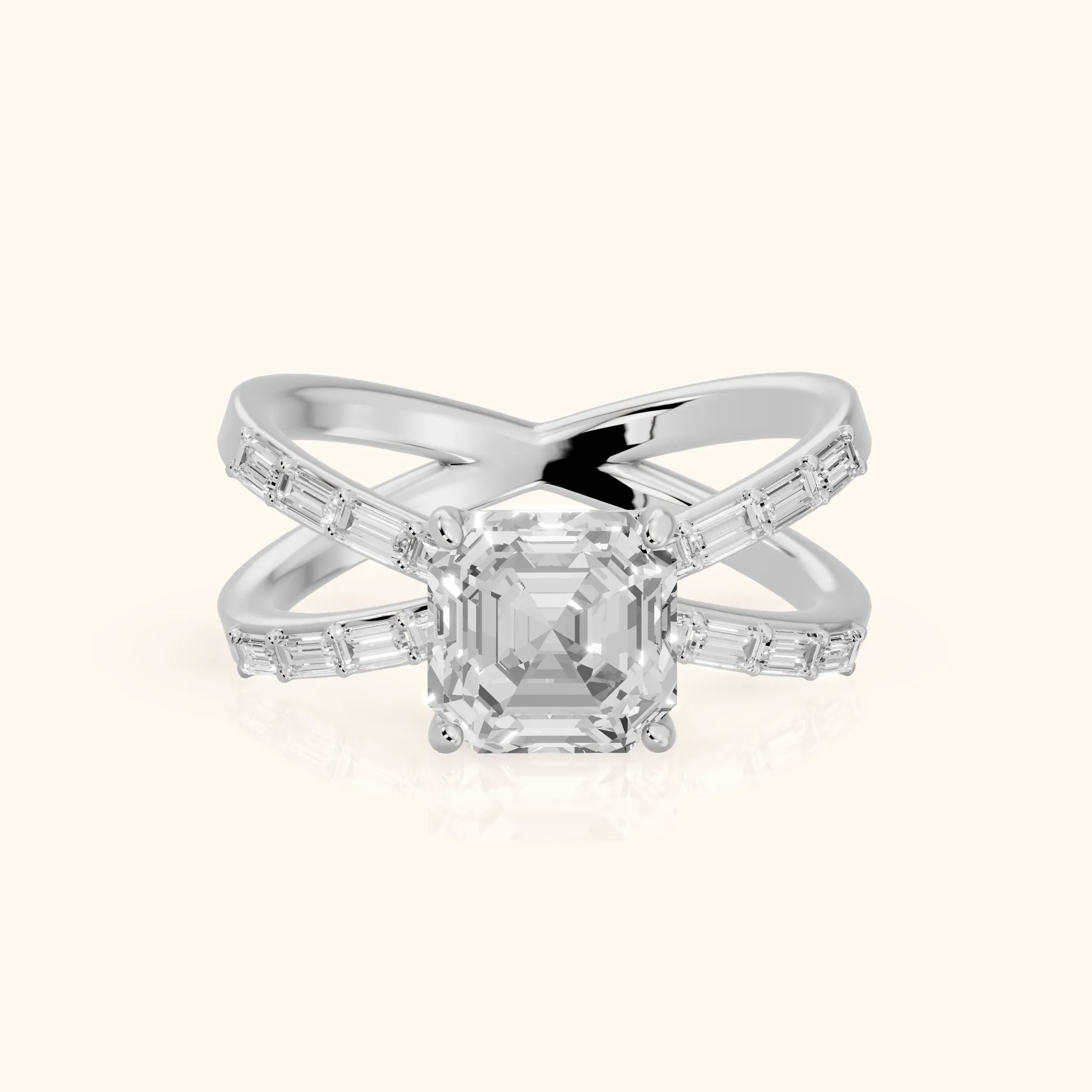 Annie Crossover Baguette Asscher Diamond Engagement Ring in Silver — view 1