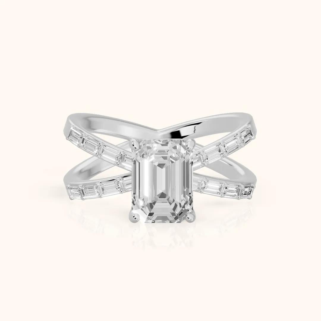 Annie Crossover Baguette Emerald Diamond Engagement Ring in Platinum — view 2