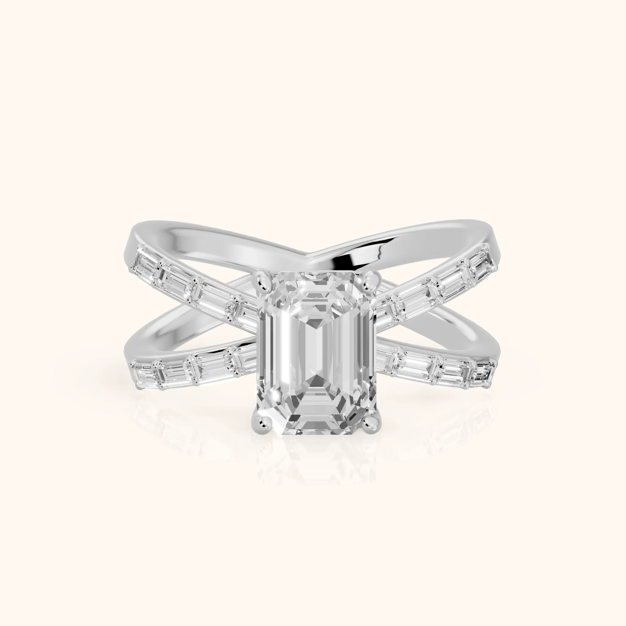 Annie Crossover Baguette Emerald Diamond Engagement Ring in Platinum — view 1