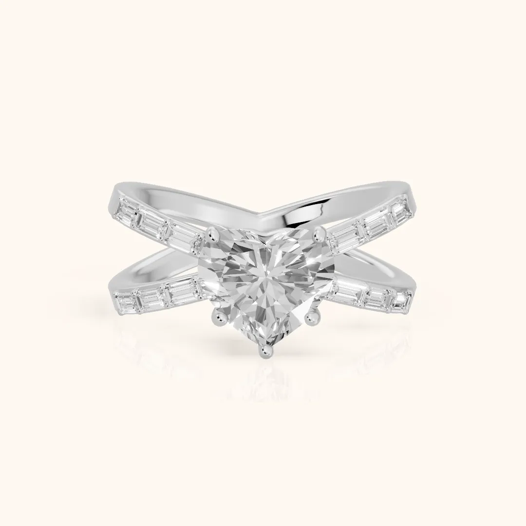 Annie Crossover Baguette Heart Diamond Engagement Ring in Silver — view 2