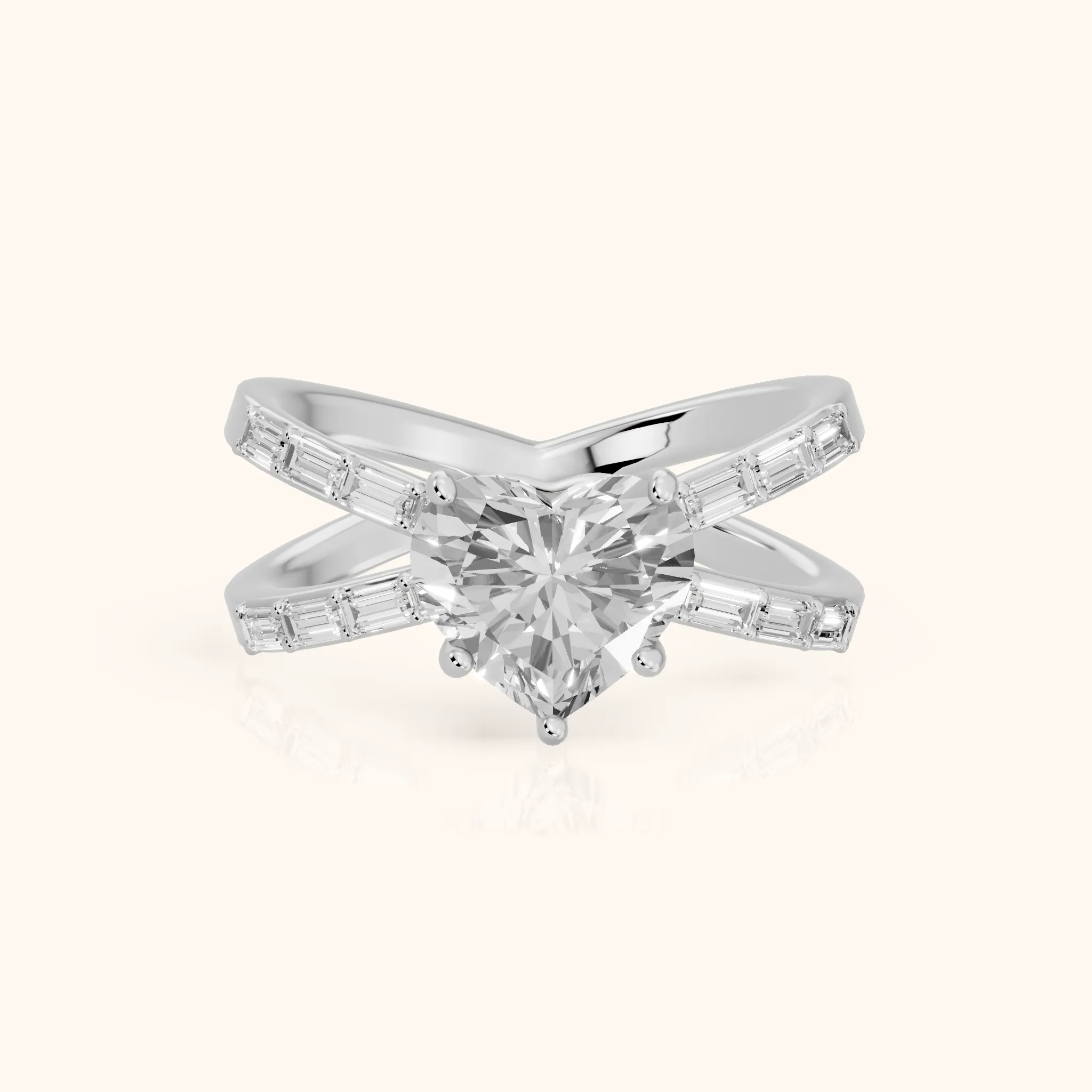 Annie Crossover Baguette Heart Diamond Engagement Ring in Silver — view 1