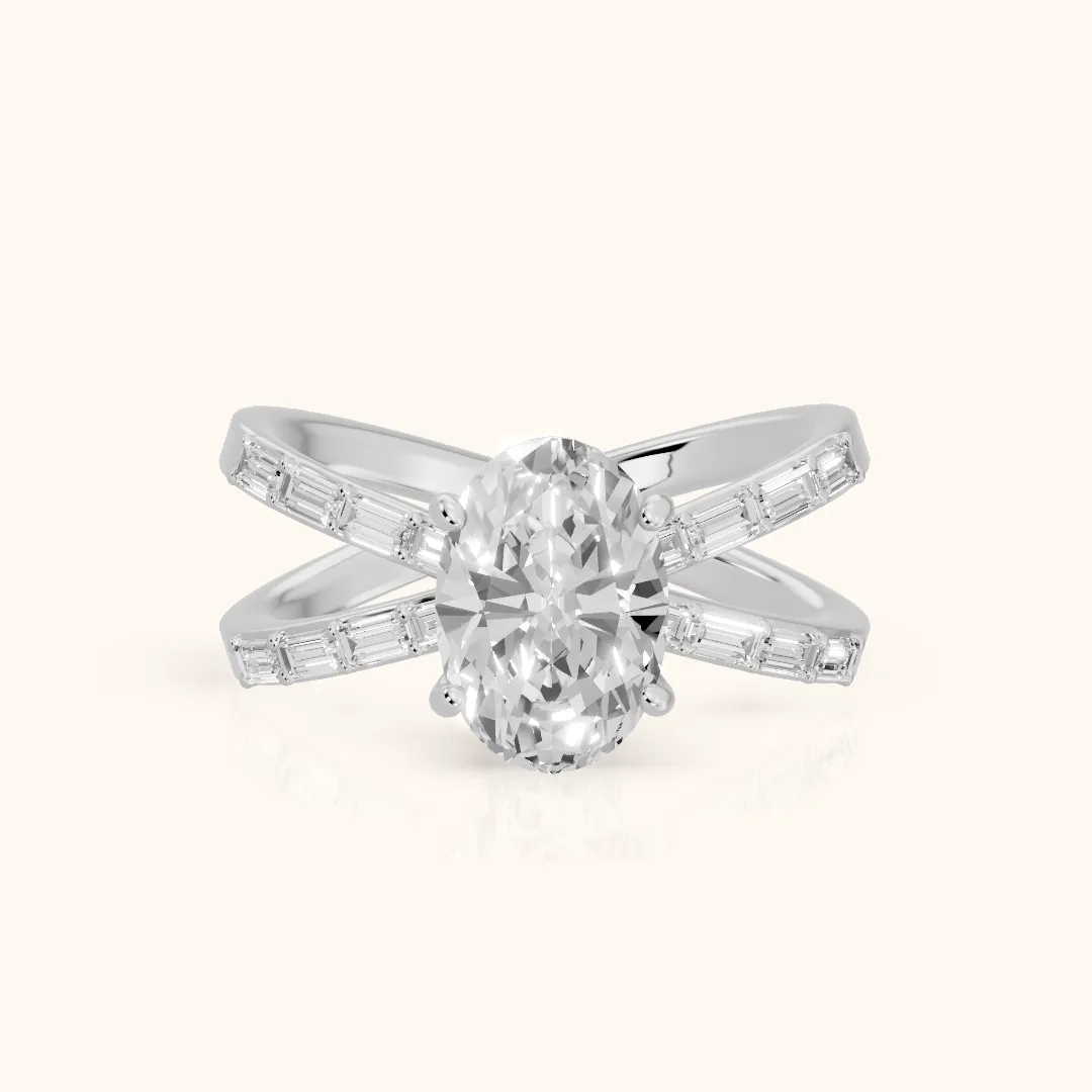 Annie Crossover Baguette Oval Diamond Engagement Ring in Silver — view 2