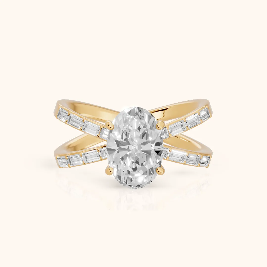 Annie Crossover Baguette Oval Diamond Engagement Ring in Yellow Gold — view 2