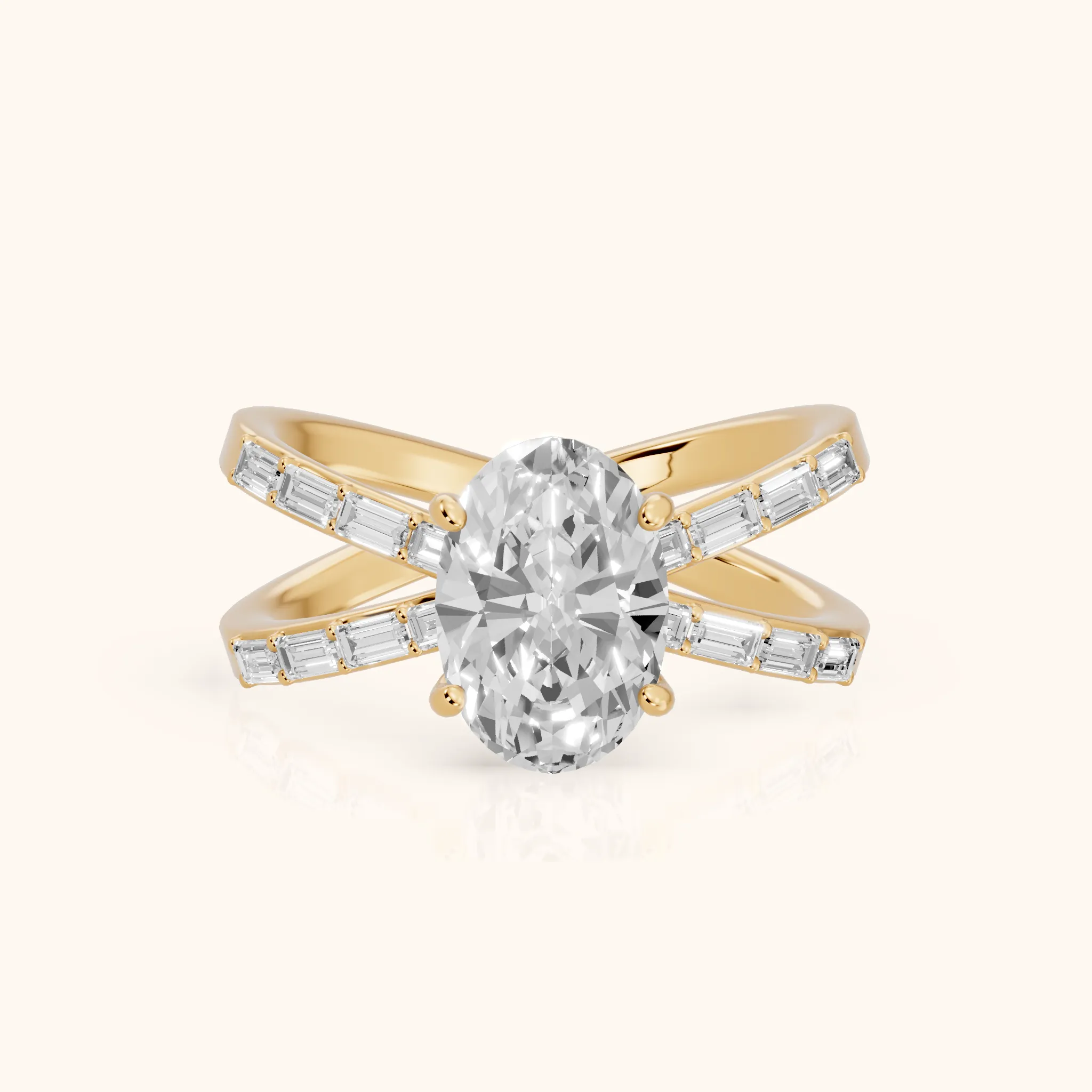 Annie Crossover Baguette Oval Diamond Engagement Ring in Yellow Gold — view 1