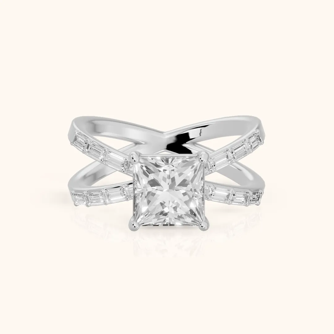 Annie Crossover Baguette Princess Diamond Engagement Ring in Platinum — view 2