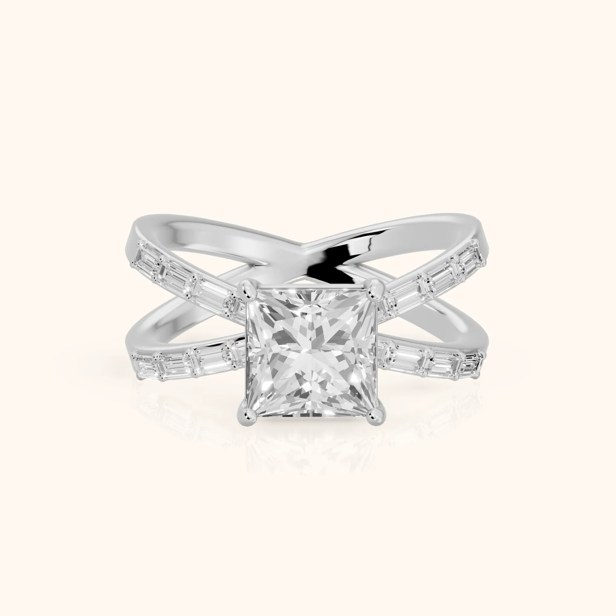 Annie Crossover Baguette Princess Diamond Engagement Ring in Platinum — view 1
