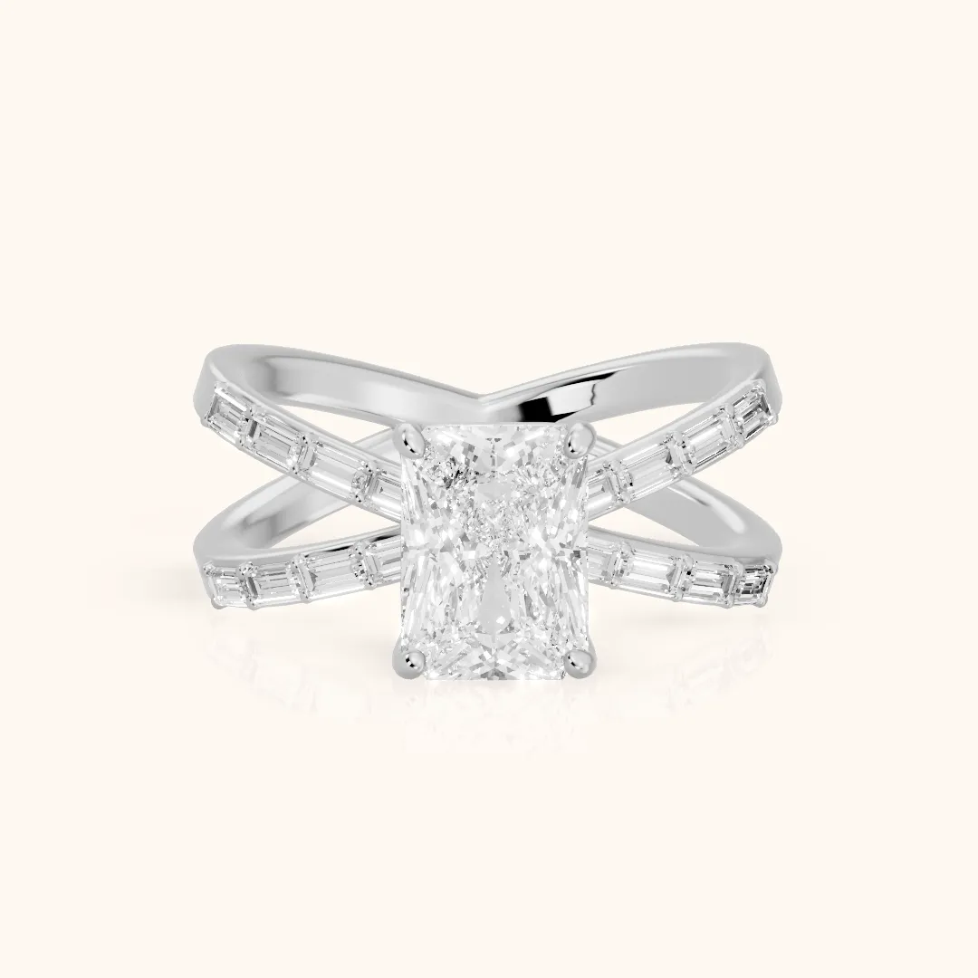 Annie Crossover Baguette Radiant Diamond Engagement Ring in Silver — view 2