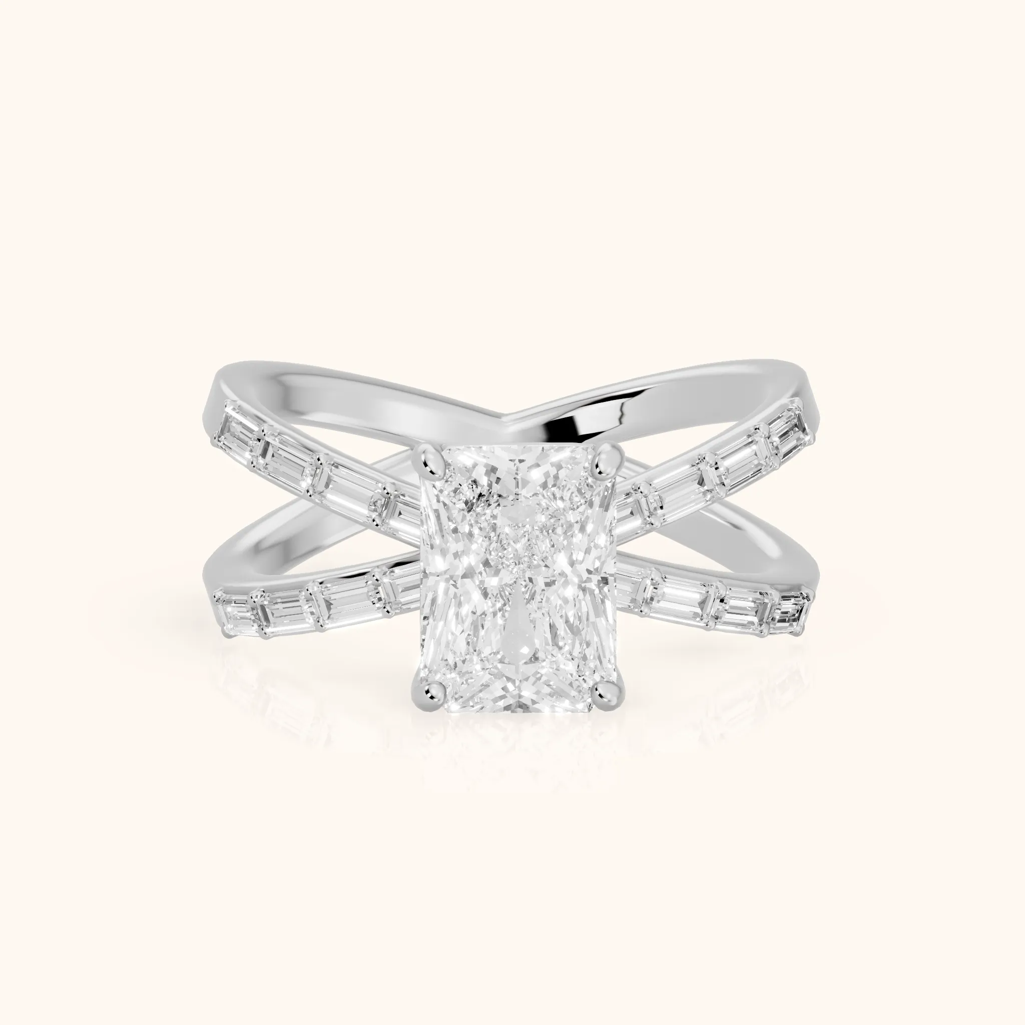 Annie Crossover Baguette Radiant Diamond Engagement Ring in Silver — view 1