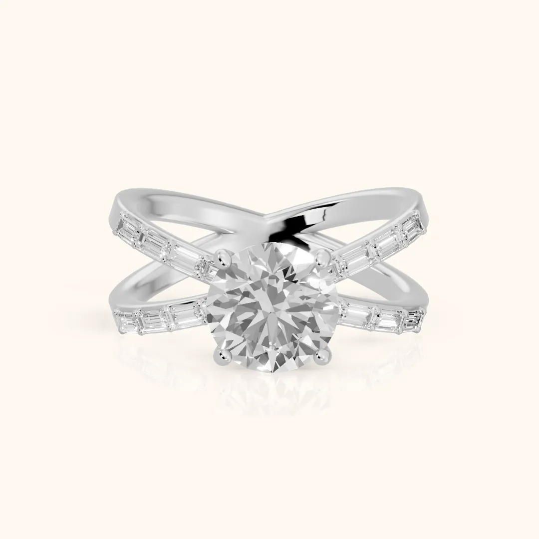 Annie Crossover Baguette Round Diamond Engagement Ring in Silver — view 2