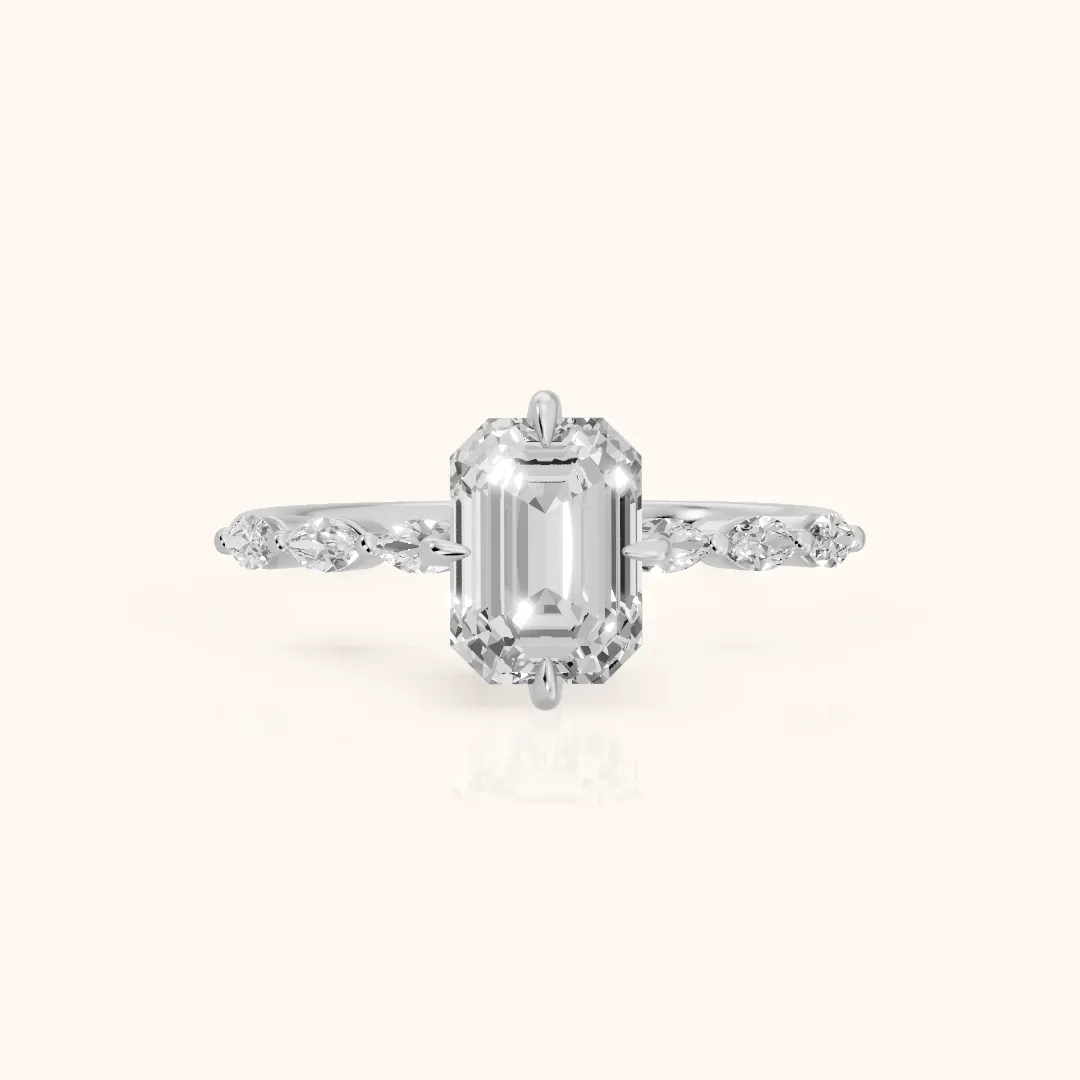 April Marquise-Side Emerald Diamond Engagement Ring in Platinum — view 2