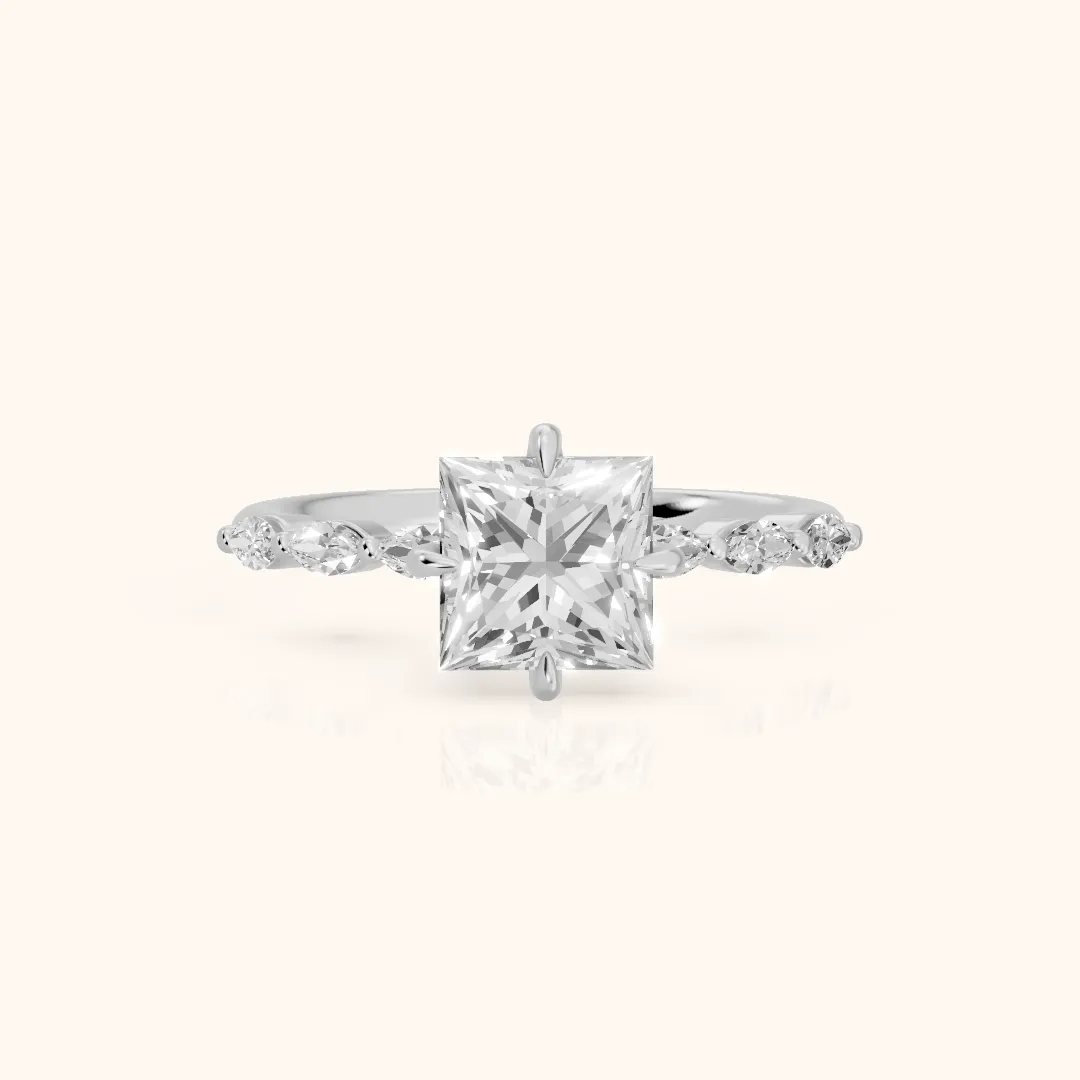 April Marquise-Side Princess Diamond Engagement Ring in White Gold — view 2