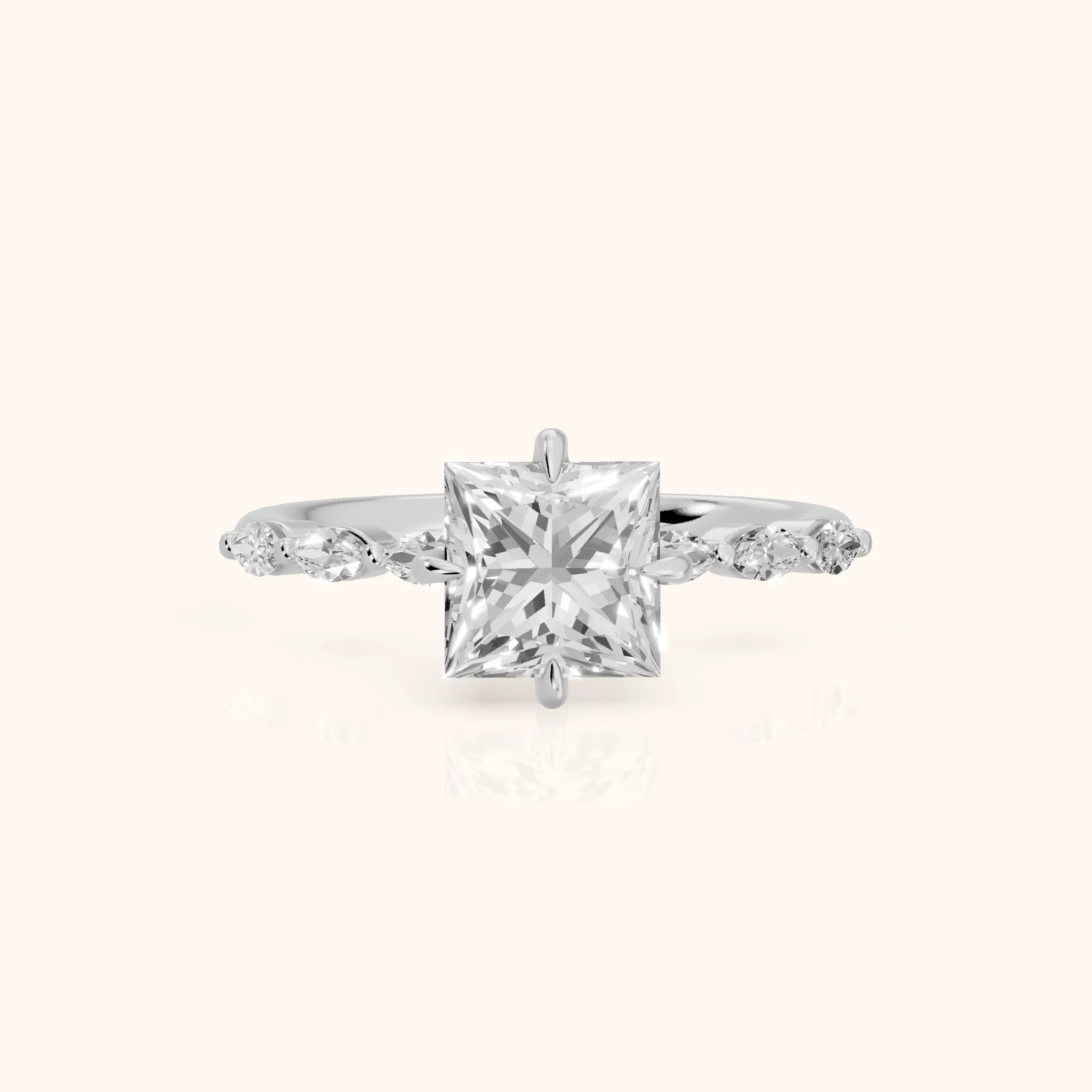 April Marquise-Side Princess Diamond Engagement Ring in White Gold — view 1
