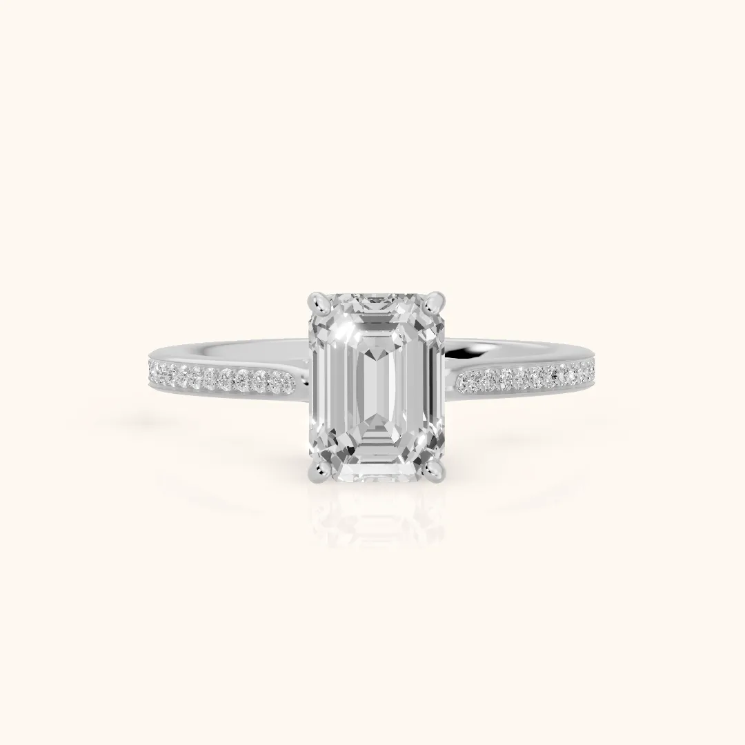 Becky Hidden Halo Cathedral Emerald Diamond Engagement Ring in White Gold — view 2