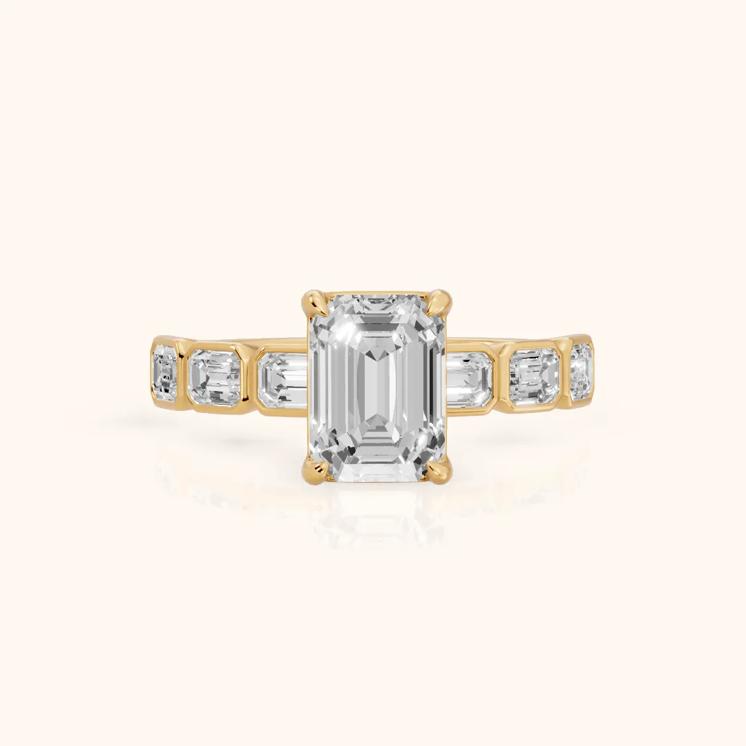 Carol Half Bezel Emerald Diamond Engagement Ring in Yellow Gold — view 2