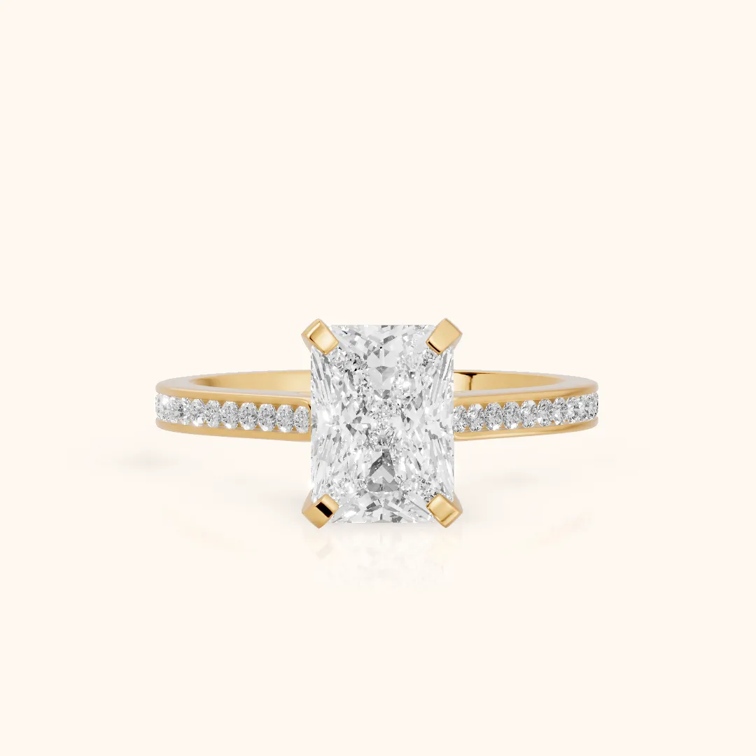 Carrie Cathedral Channel Set Radiant Diamond Engagement Ring in Yellow Gold — view 2