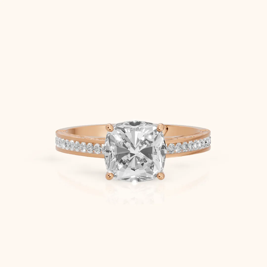 Cassie Engraved Channel Set Cushion Diamond Engagement Ring in Rose Gold — view 2