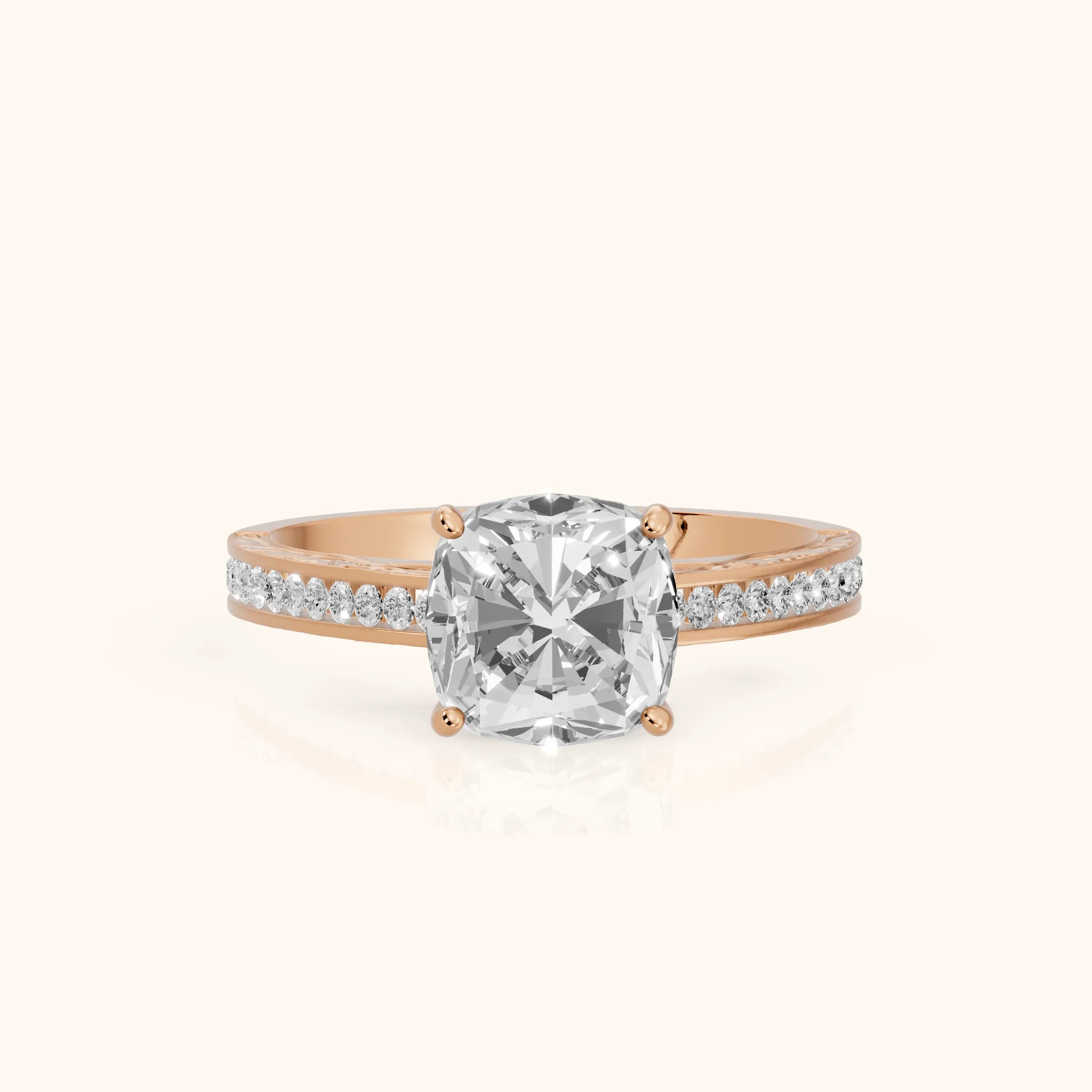 Cassie Engraved Channel Set Cushion Diamond Engagement Ring in Rose Gold — view 1