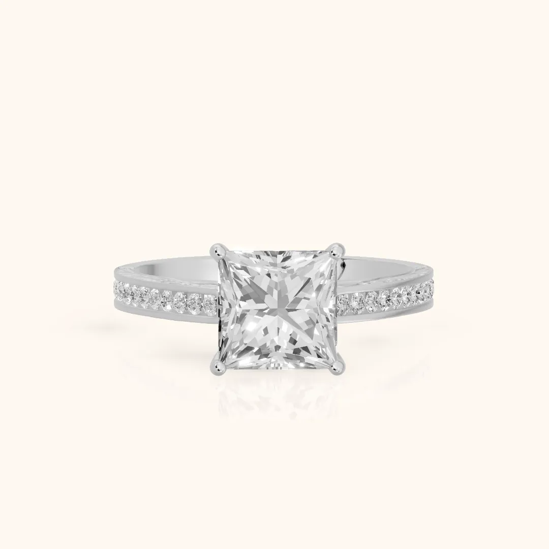 Cassie Engraved Channel Set Princess Diamond Engagement Ring in Silver — view 2
