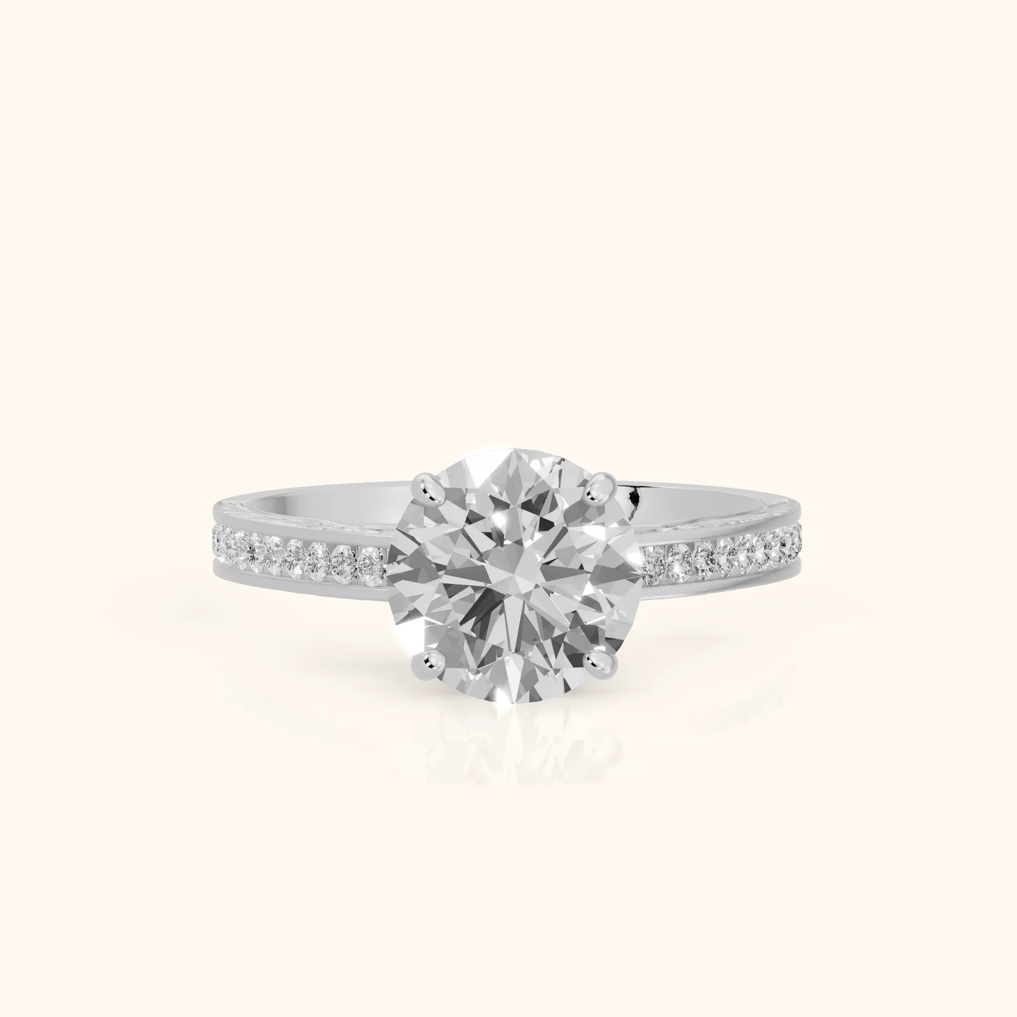 Cassie Engraved Channel Set Round Diamond Engagement Ring in Platinum — view 1