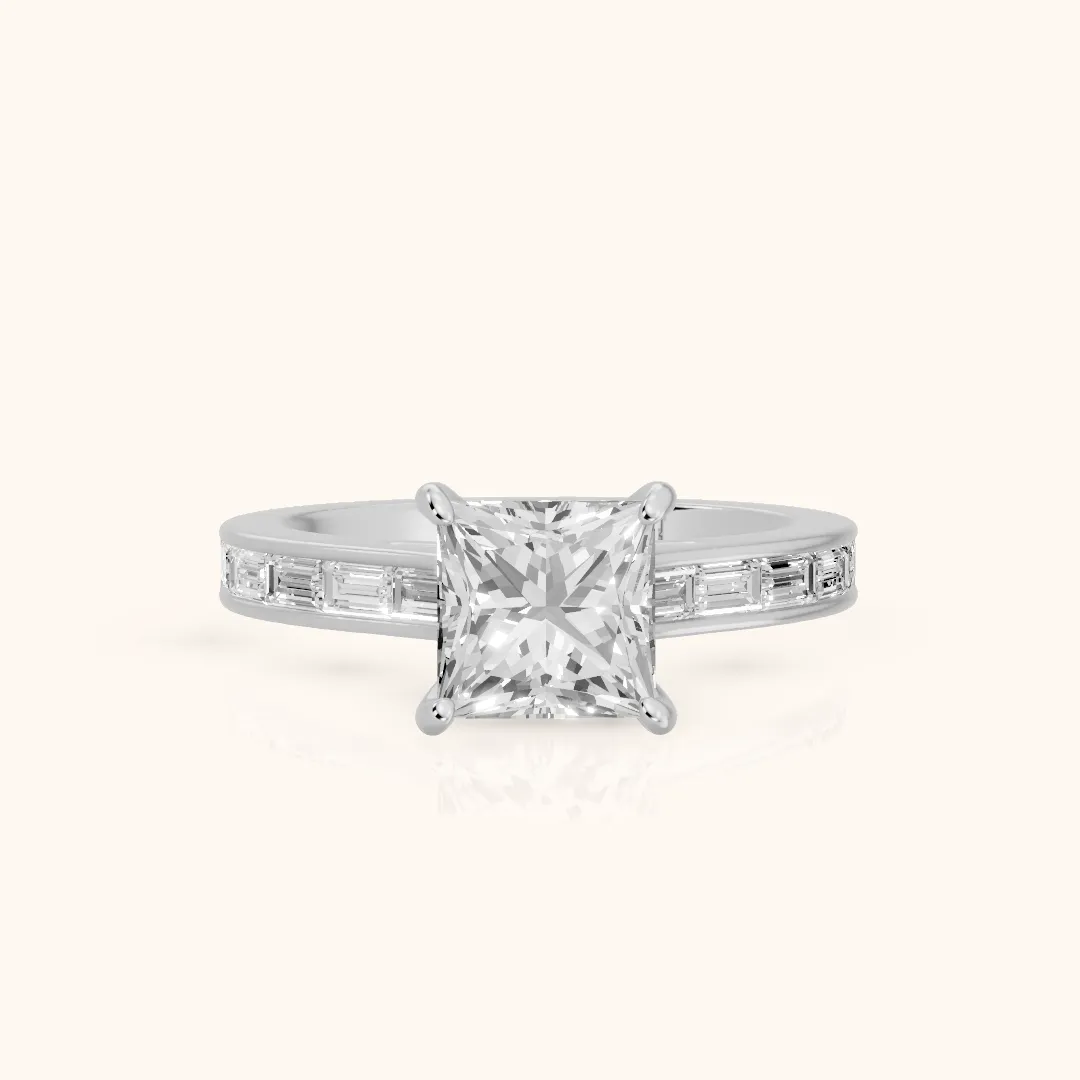 Dawn Baguette Channel Set Princess Diamond Engagement Ring in White Gold — view 2