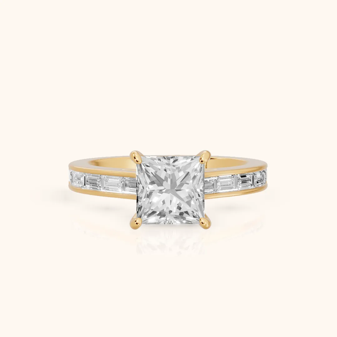 Dawn Baguette Channel Set Princess Diamond Engagement Ring in Yellow Gold — view 2