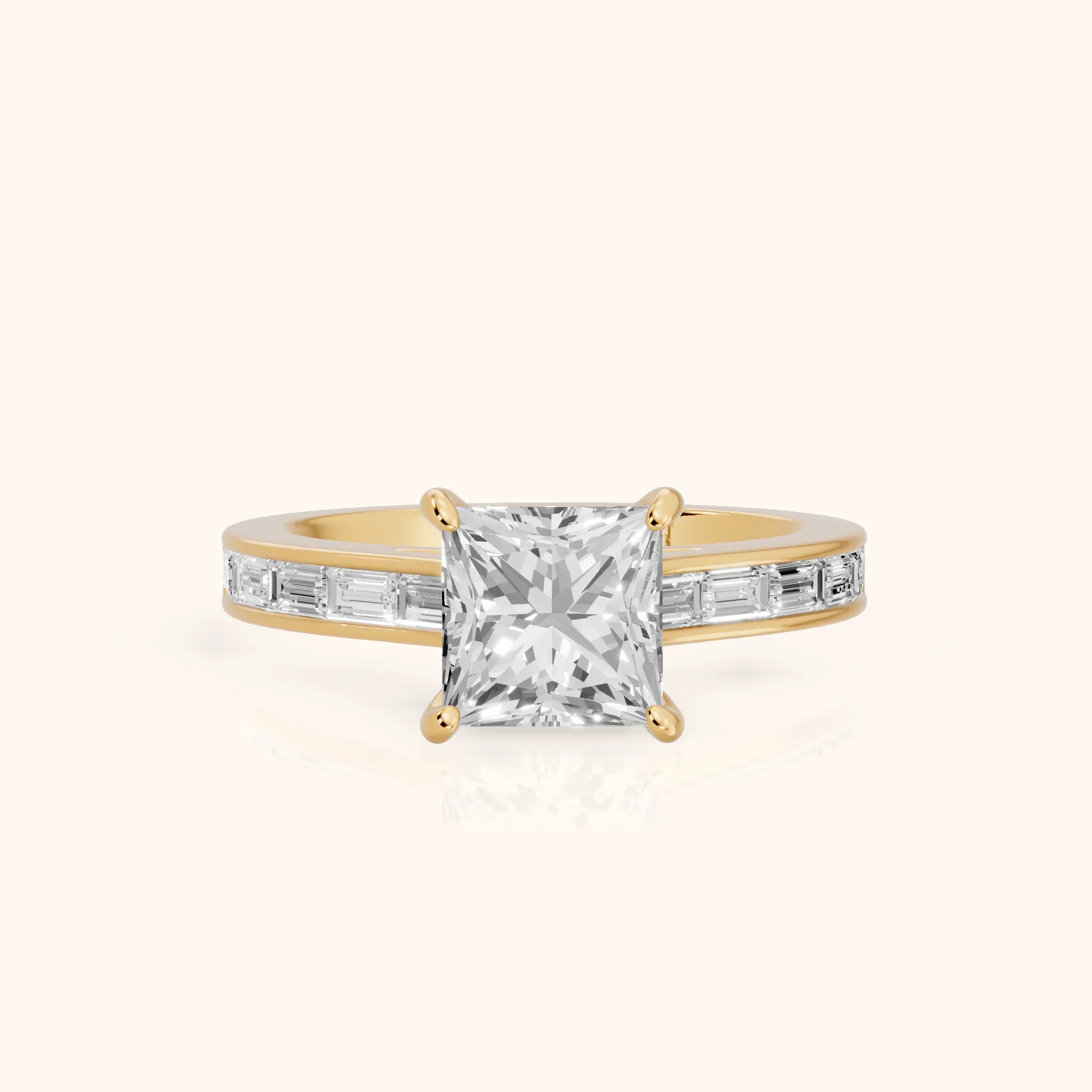 Dawn Baguette Channel Set Princess Diamond Engagement Ring in Yellow Gold — view 1