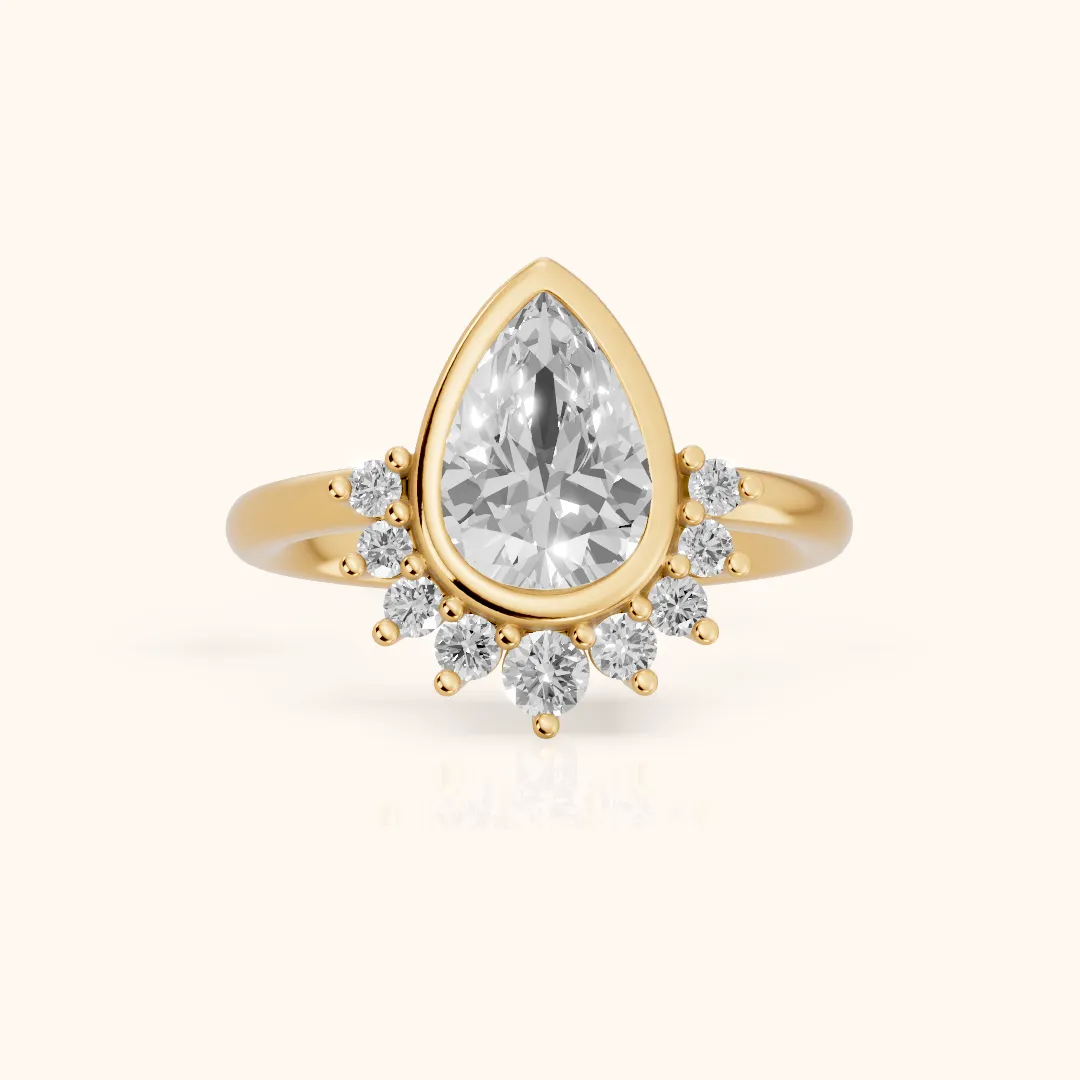 Dora Bezel Halo Pear Diamond Engagement Ring in Yellow Gold — view 2