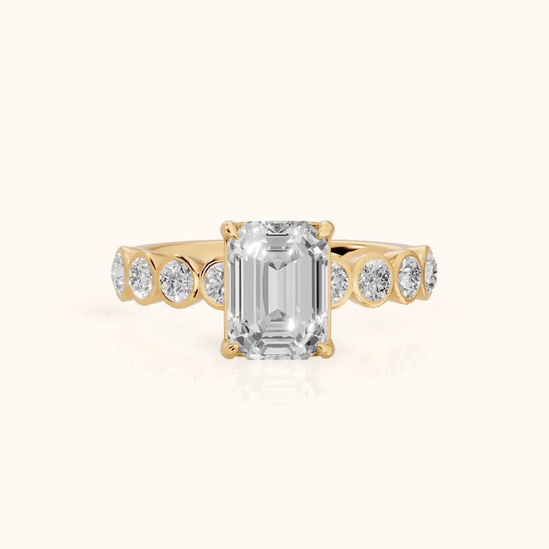 Edie Beaded Bezel Emerald Diamond Engagement Ring in Yellow Gold — view 2
