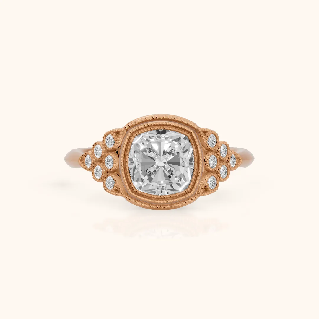 Effie Vintage Bezel Cushion Diamond Engagement Ring in Rose Gold — view 2