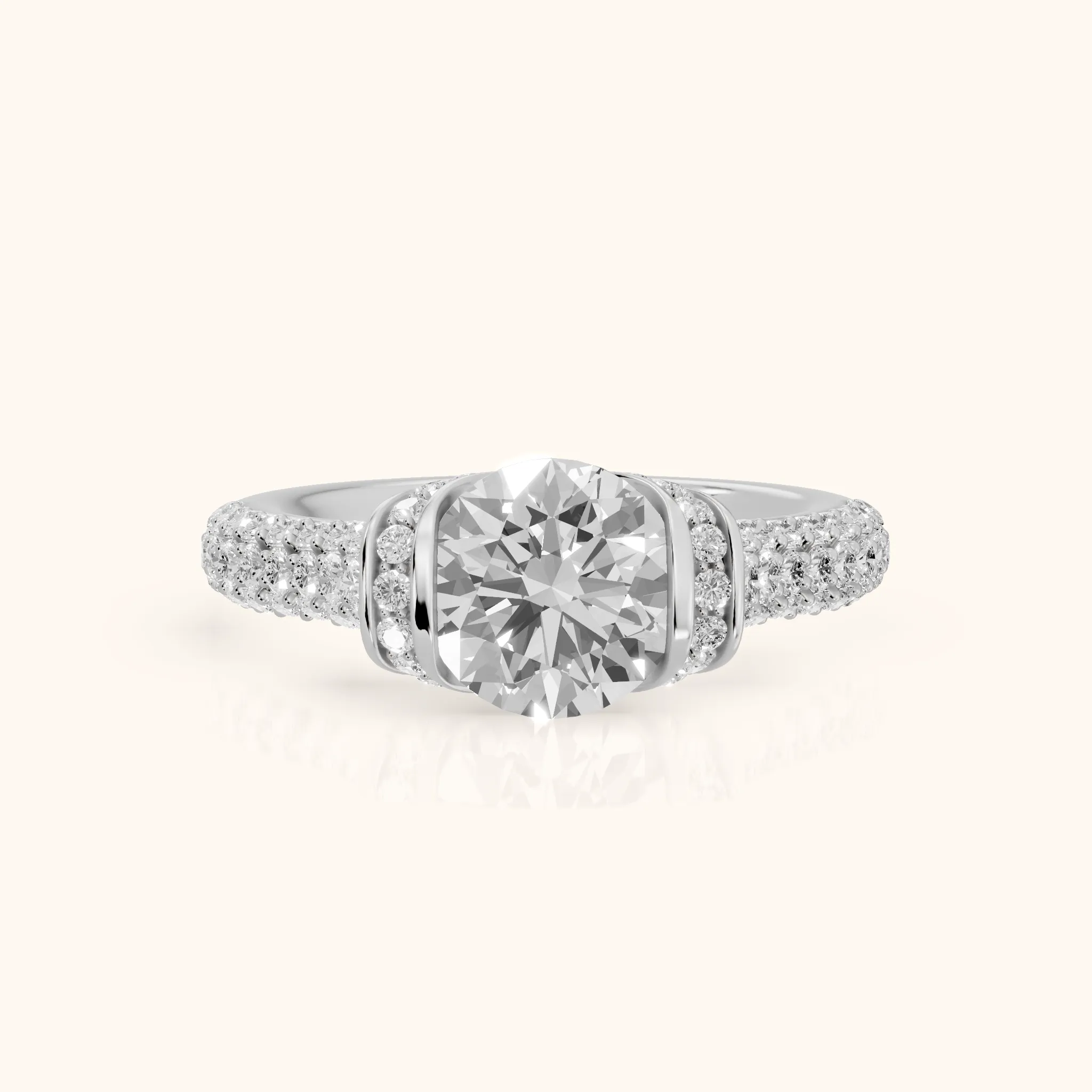 Elaine Half Bezel Pavé Round Diamond Engagement Ring in White Gold — view 1