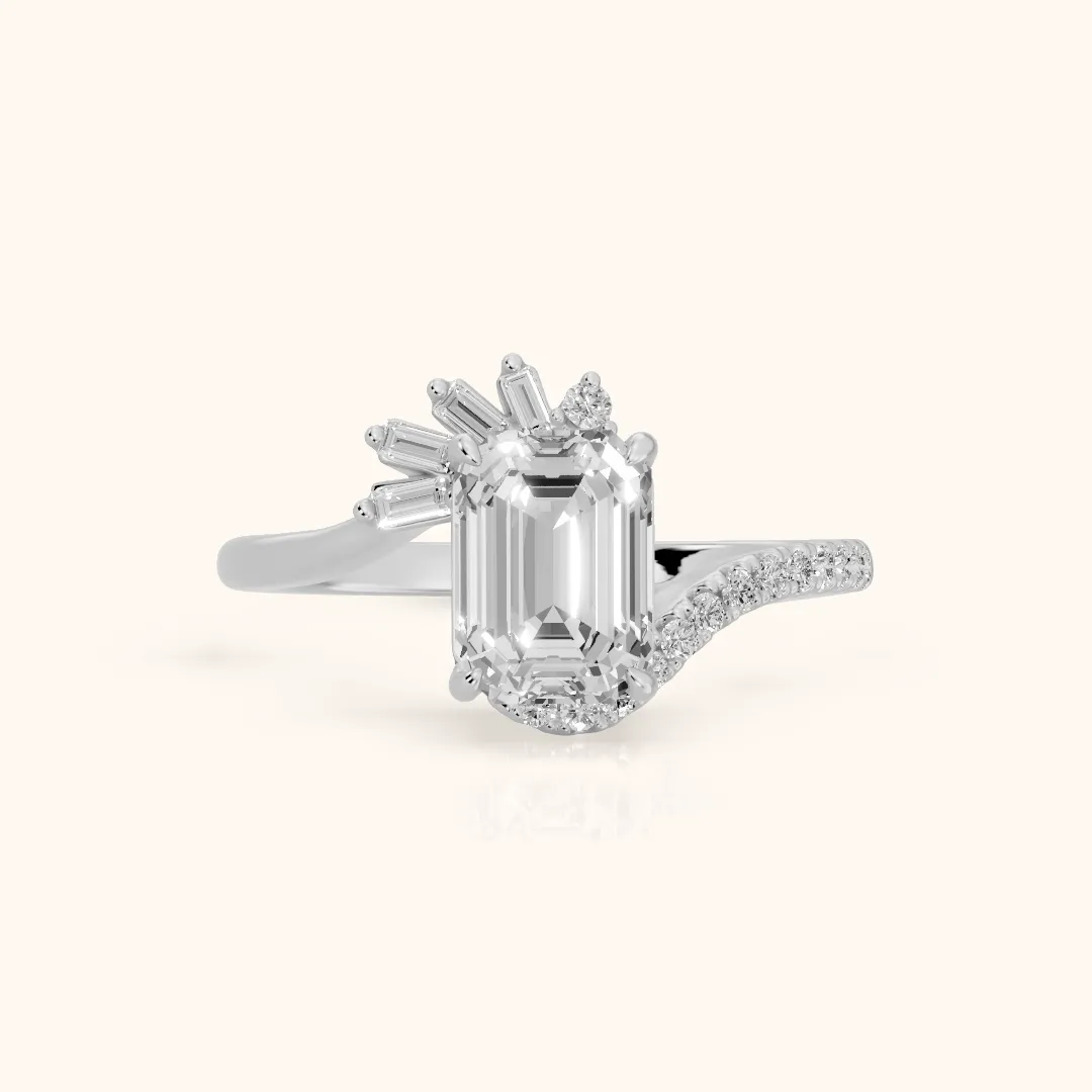 Erin Sunburst Bypass Emerald Diamond Engagement Ring in Silver — view 2