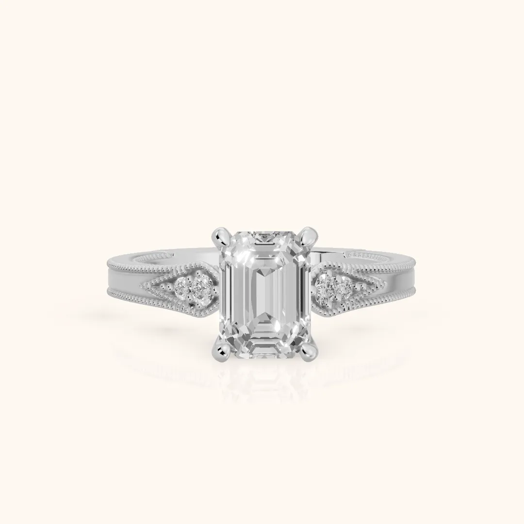 Etta Vintage Milgrain Emerald Diamond Engagement Ring in Silver — view 2