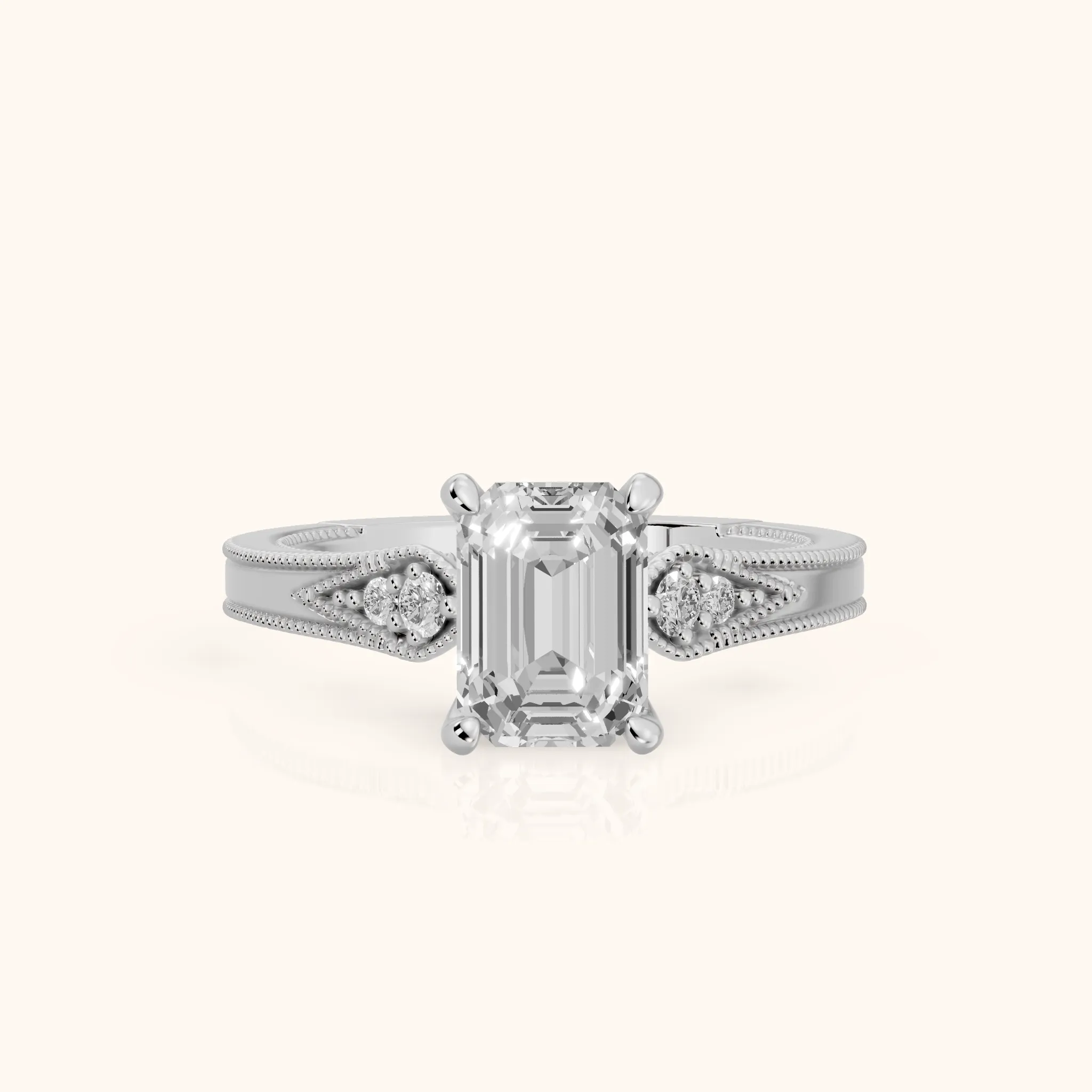 Etta Vintage Milgrain Emerald Diamond Engagement Ring in Silver — view 1