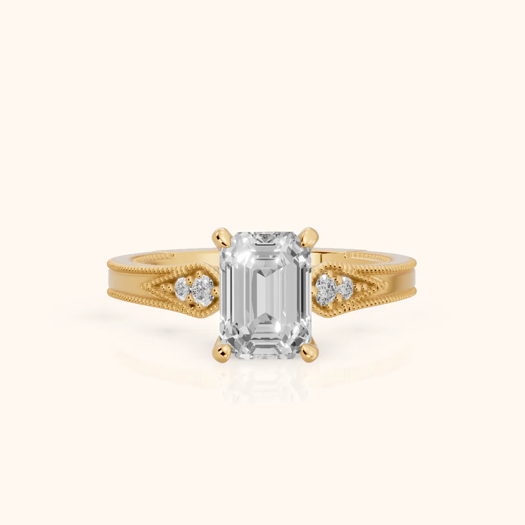 Etta Vintage Milgrain Emerald Diamond Engagement Ring in Yellow Gold — view 2