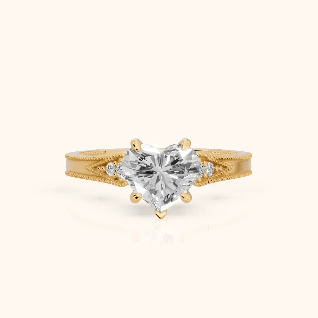 Etta Vintage Milgrain Heart Diamond Engagement Ring in Yellow Gold — view 2
