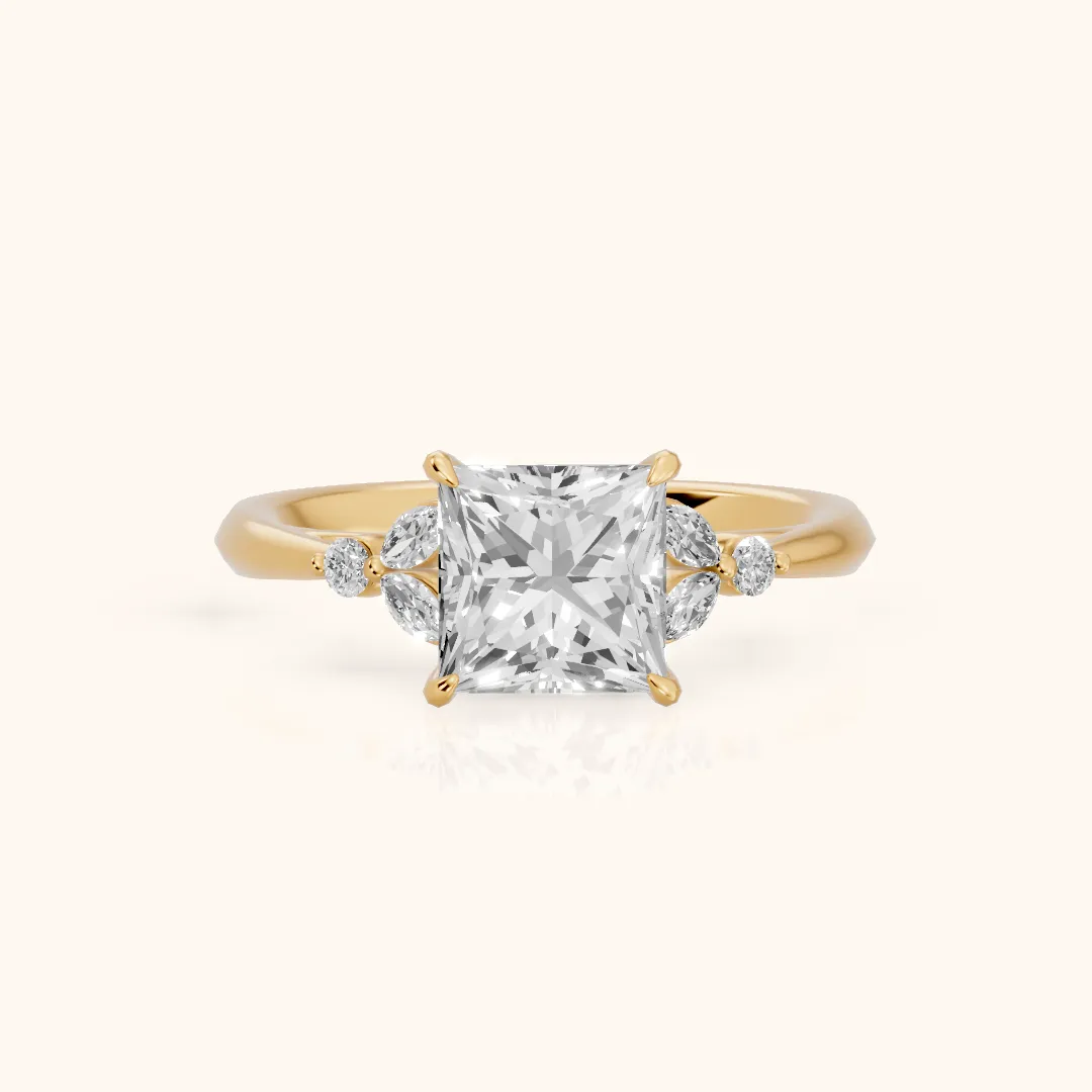 Eve Leaf Cluster Princess Diamond Engagement Ring in Yellow Gold — view 2