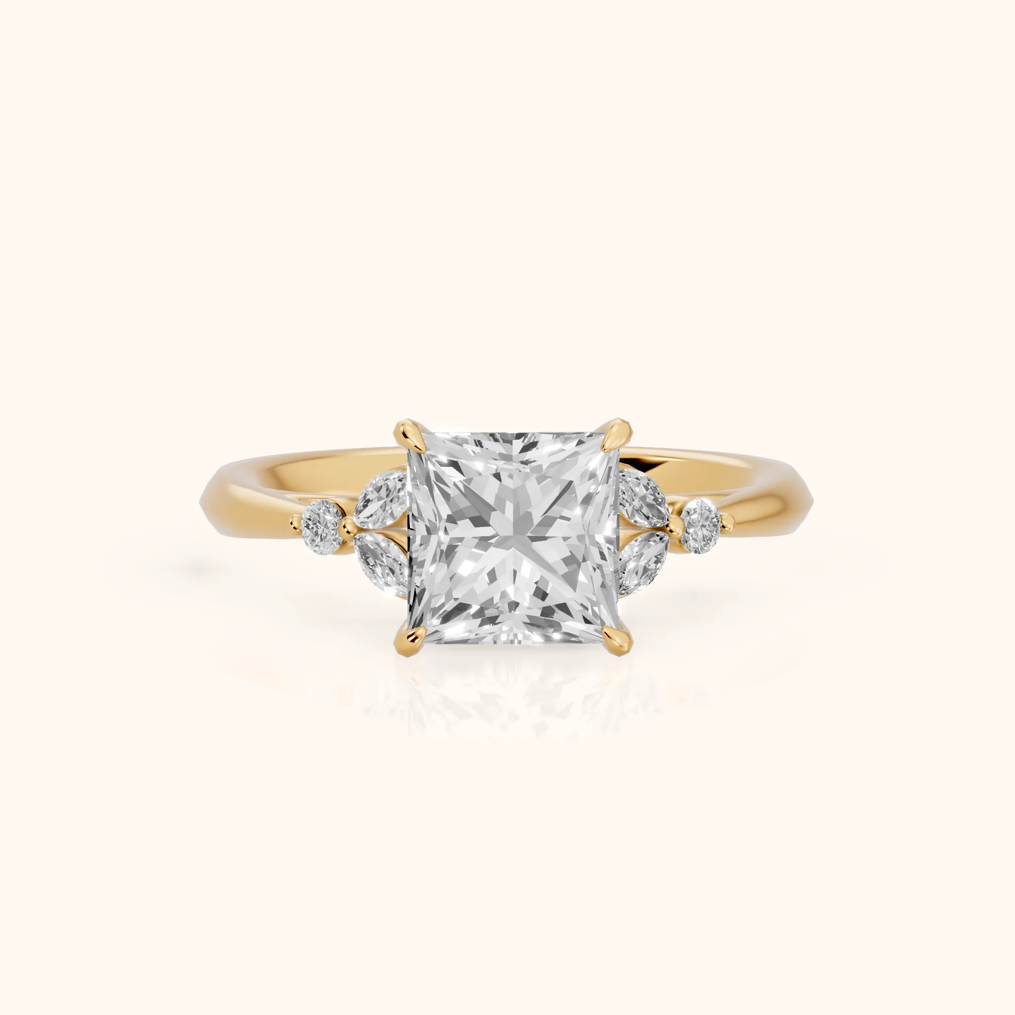 Eve Leaf Cluster Princess Diamond Engagement Ring in Yellow Gold — view 1