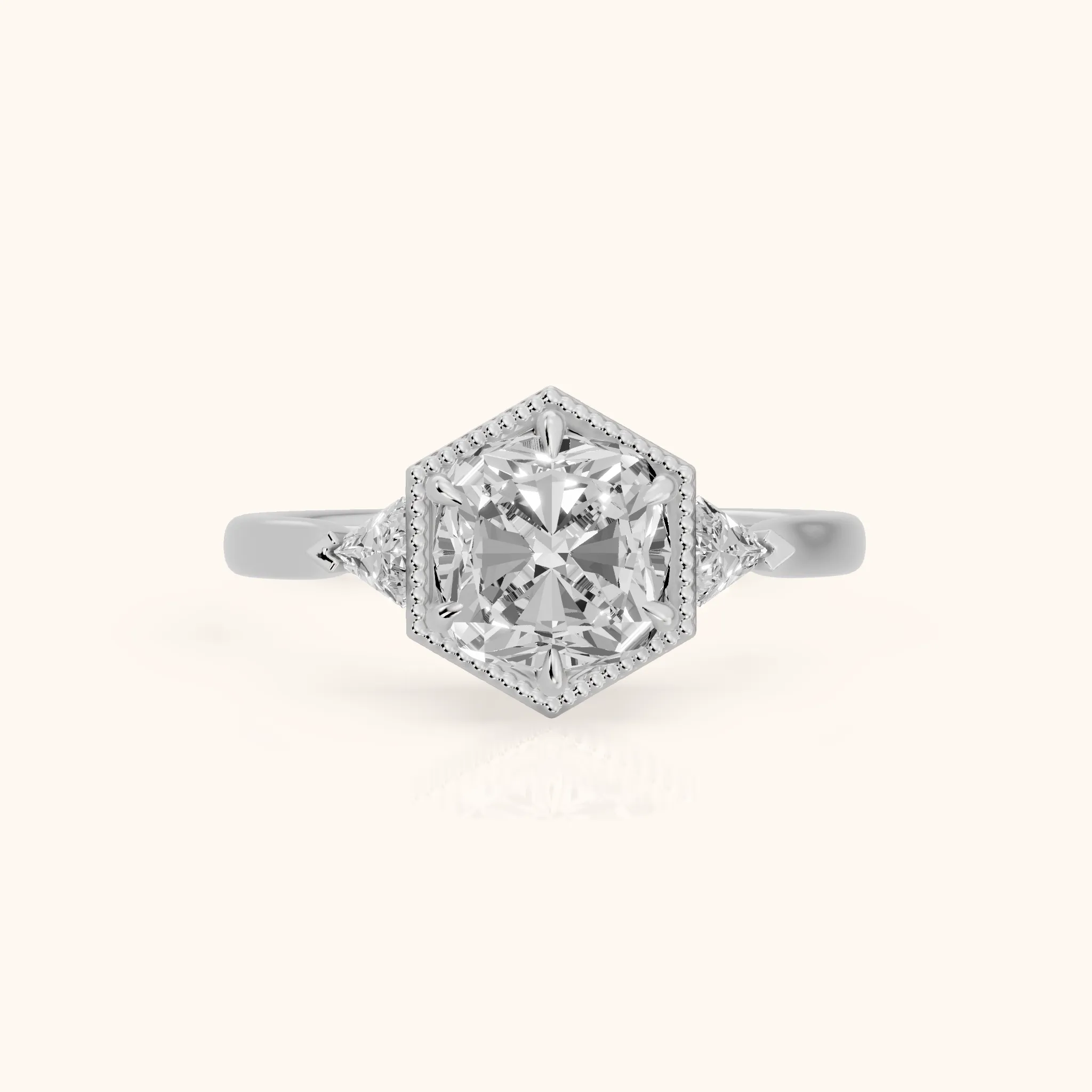 Faith Milgrain Three-Stone Cushion Diamond Engagement Ring in White Gold — view 1