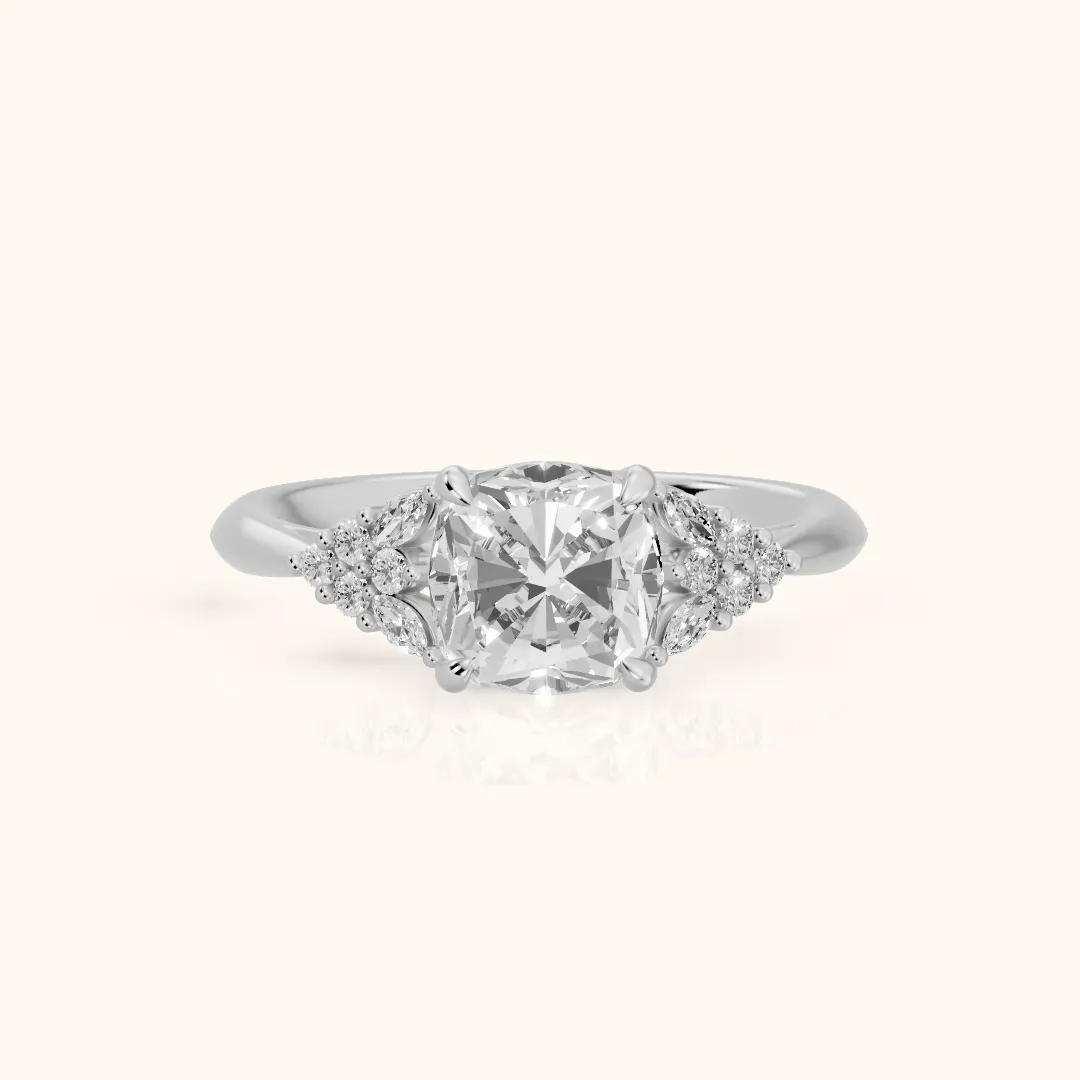 Fern Knife Edge Cluster Cushion Diamond Engagement Ring in Silver — view 2