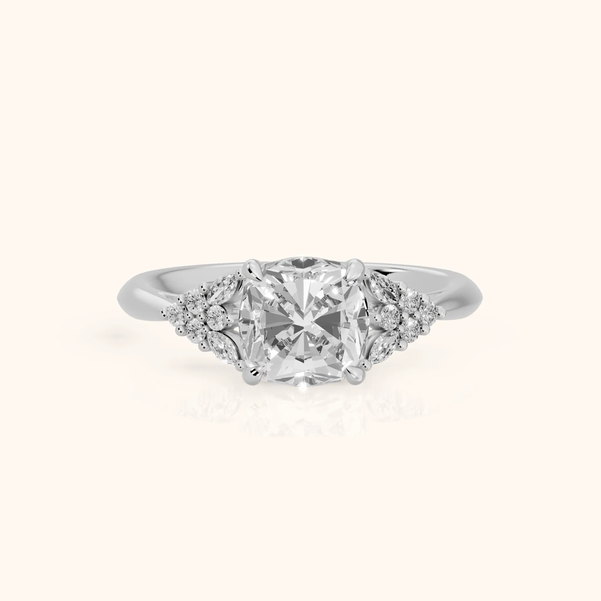Fern Knife Edge Cluster Cushion Diamond Engagement Ring in Silver — view 1
