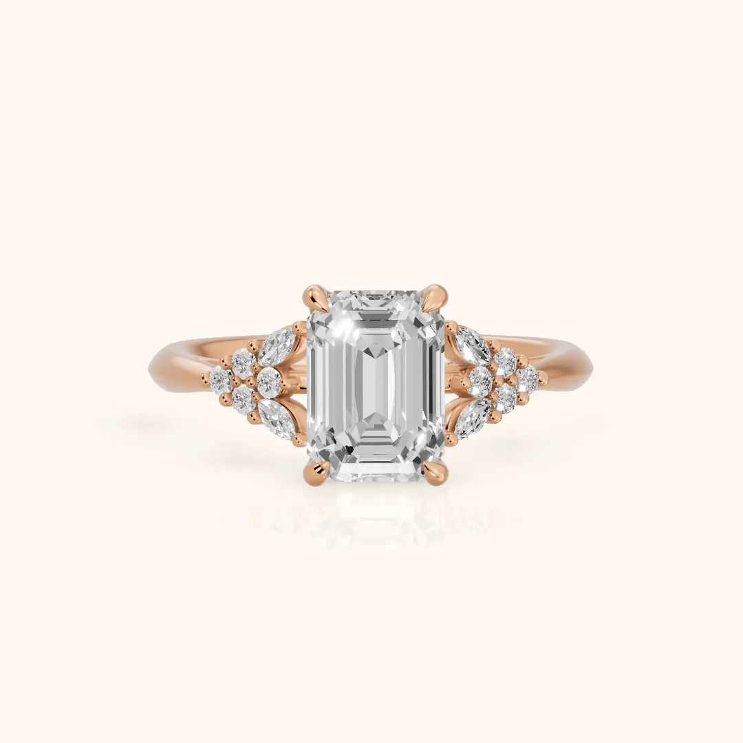 Fern Knife Edge Cluster Emerald Diamond Engagement Ring in Rose Gold — view 2