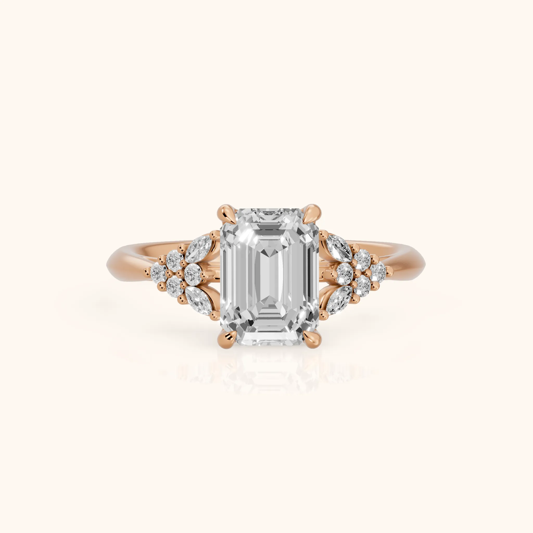 Fern Knife Edge Cluster Emerald Diamond Engagement Ring in Rose Gold — view 1