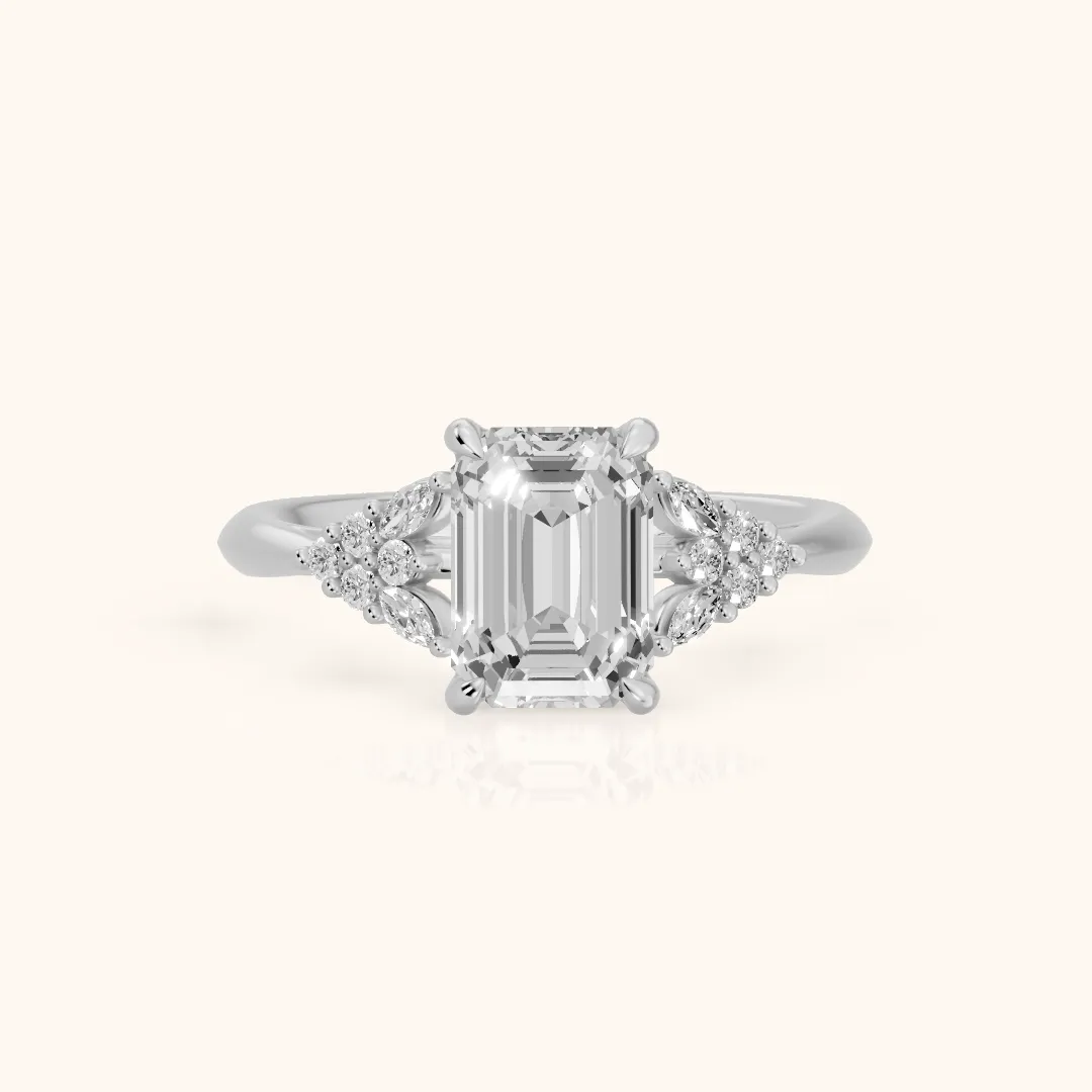 Fern Knife Edge Cluster Emerald Diamond Engagement Ring in Silver — view 2
