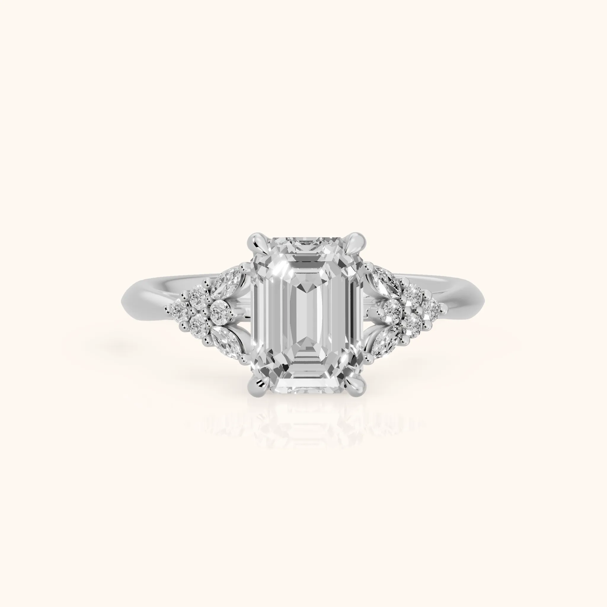 Fern Knife Edge Cluster Emerald Diamond Engagement Ring in Silver — view 1